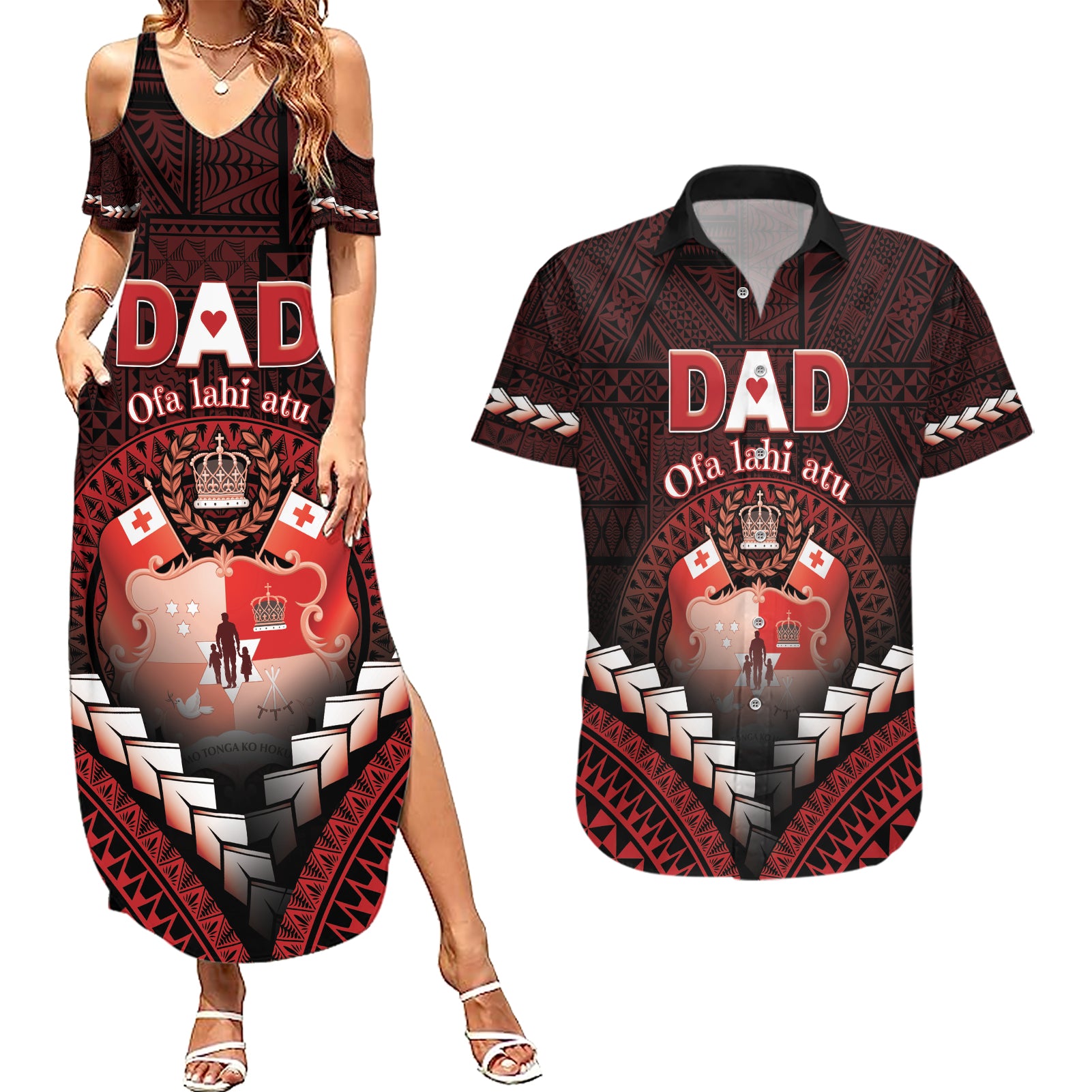 Personalised Tonga Happy Father's Day Couples Matching Summer Maxi Dress and Hawaiian Shirt Ofa Lahi Atu Dad Polynesian Tribal