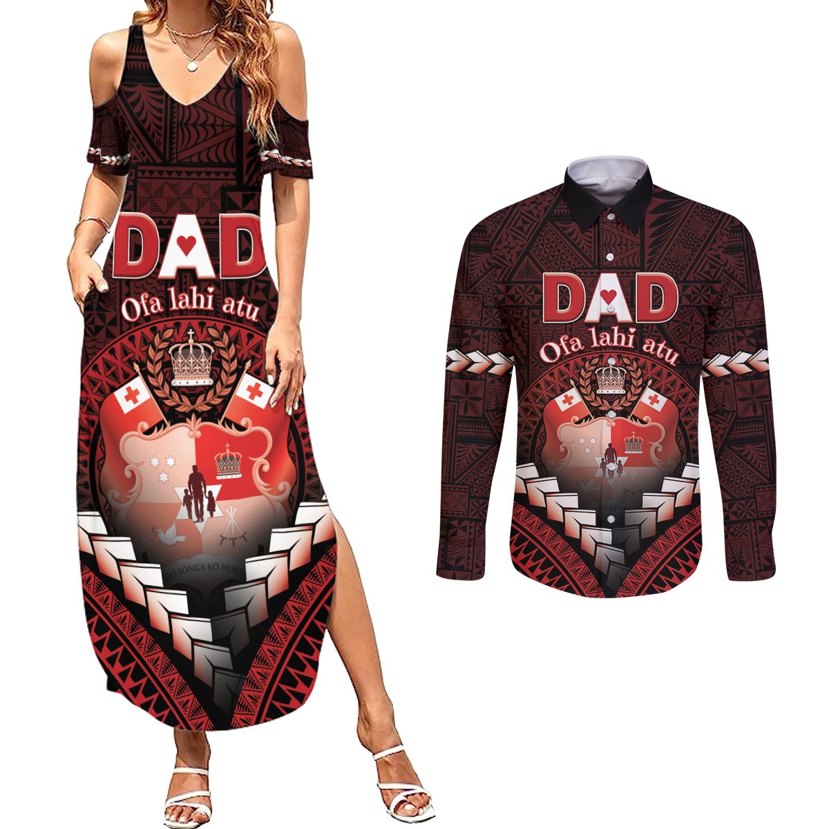 Personalised Tonga Happy Father's Day Couples Matching Summer Maxi Dress and Long Sleeve Button Shirt Ofa Lahi Atu Dad Polynesian Tribal LT05 Red - Polynesian Pride