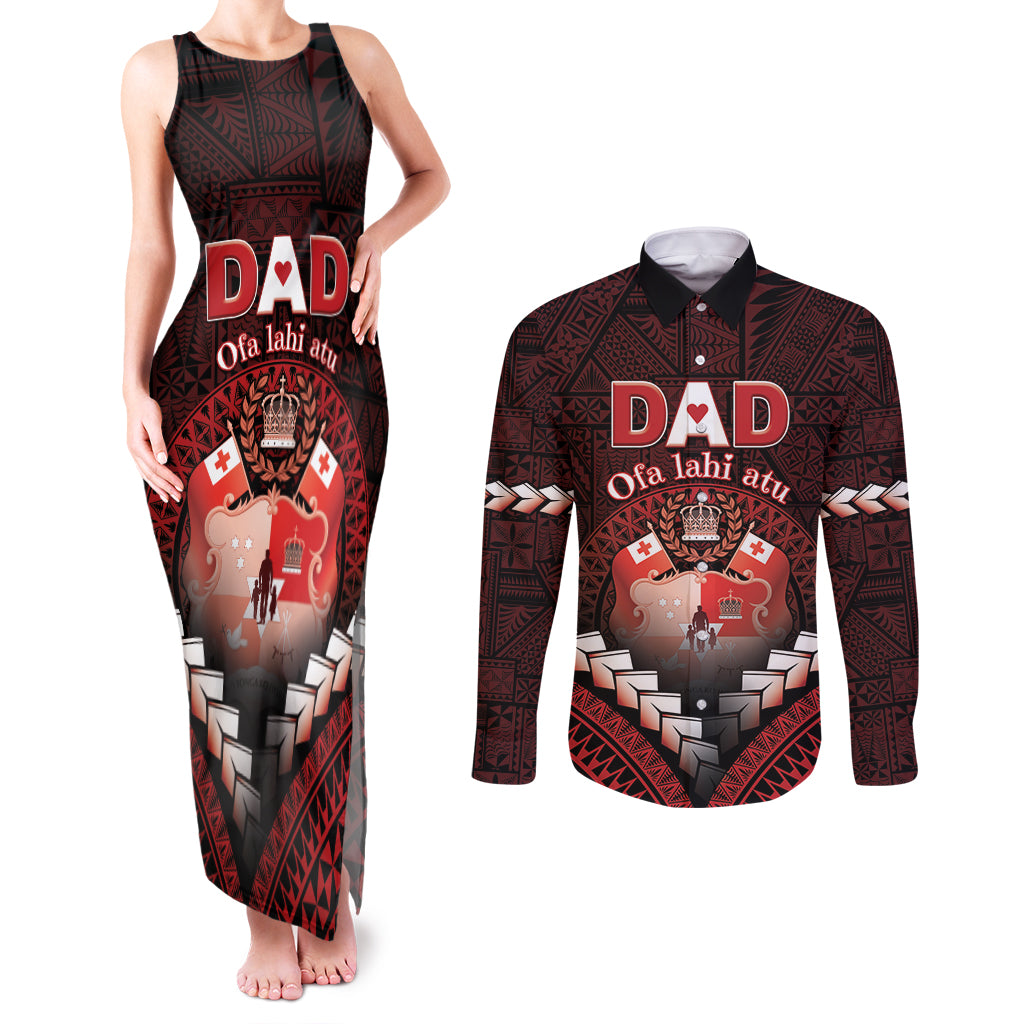 Personalised Tonga Happy Father's Day Couples Matching Tank Maxi Dress and Long Sleeve Button Shirt Ofa Lahi Atu Dad Polynesian Tribal