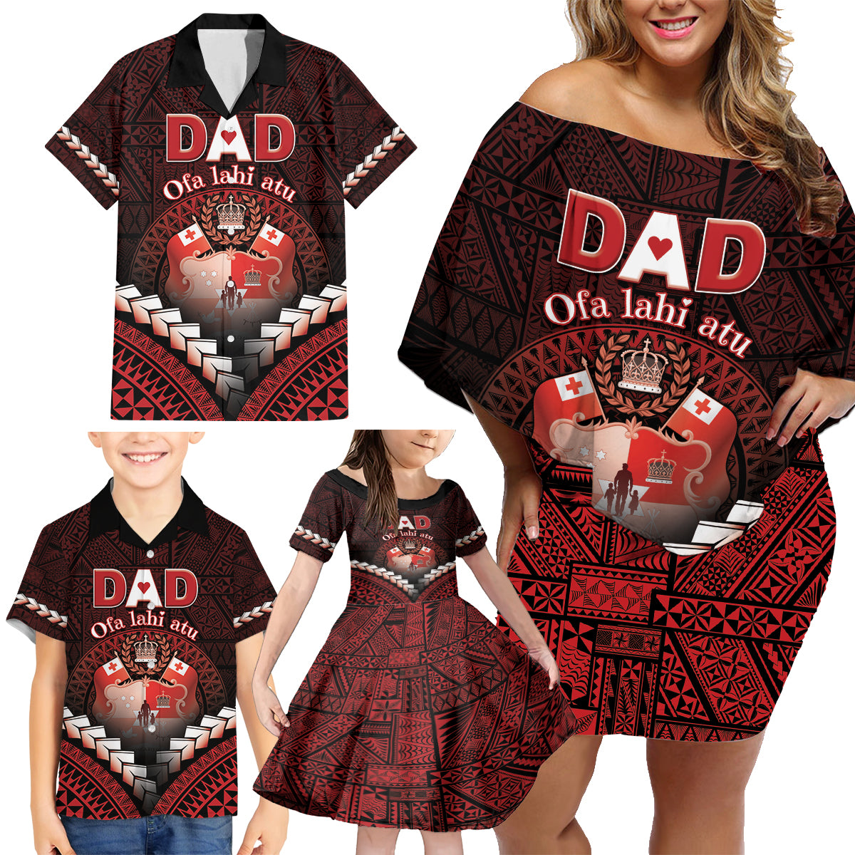 Personalised Tonga Happy Father's Day Family Matching Off Shoulder Short Dress and Hawaiian Shirt Ofa Lahi Atu Dad Polynesian Tribal