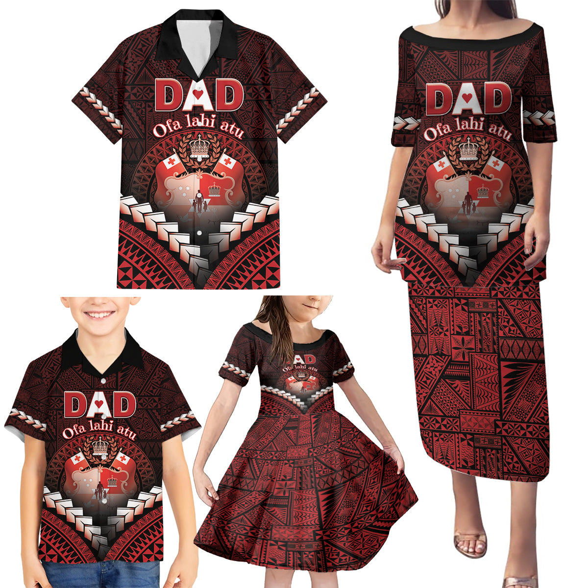 Personalised Tonga Happy Father's Day Family Matching Puletasi and Hawaiian Shirt Ofa Lahi Atu Dad Polynesian Tribal