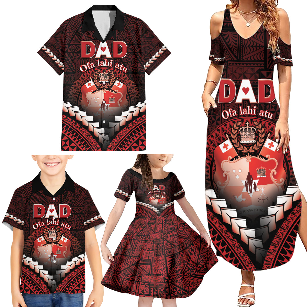 Personalised Tonga Happy Father's Day Family Matching Summer Maxi Dress and Hawaiian Shirt Ofa Lahi Atu Dad Polynesian Tribal