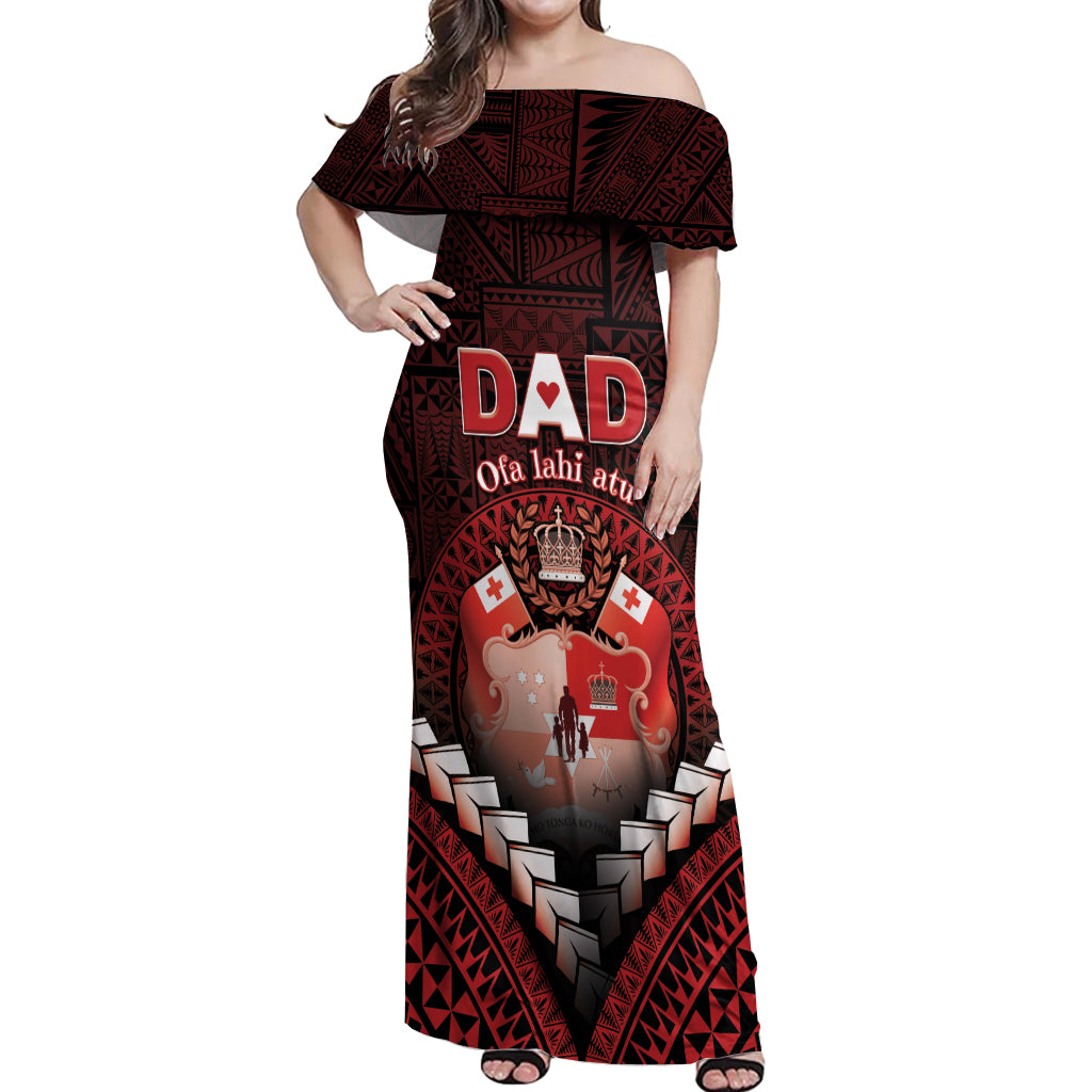 Personalised Tonga Happy Father's Day Off Shoulder Maxi Dress Ofa Lahi Atu Dad Polynesian Tribal