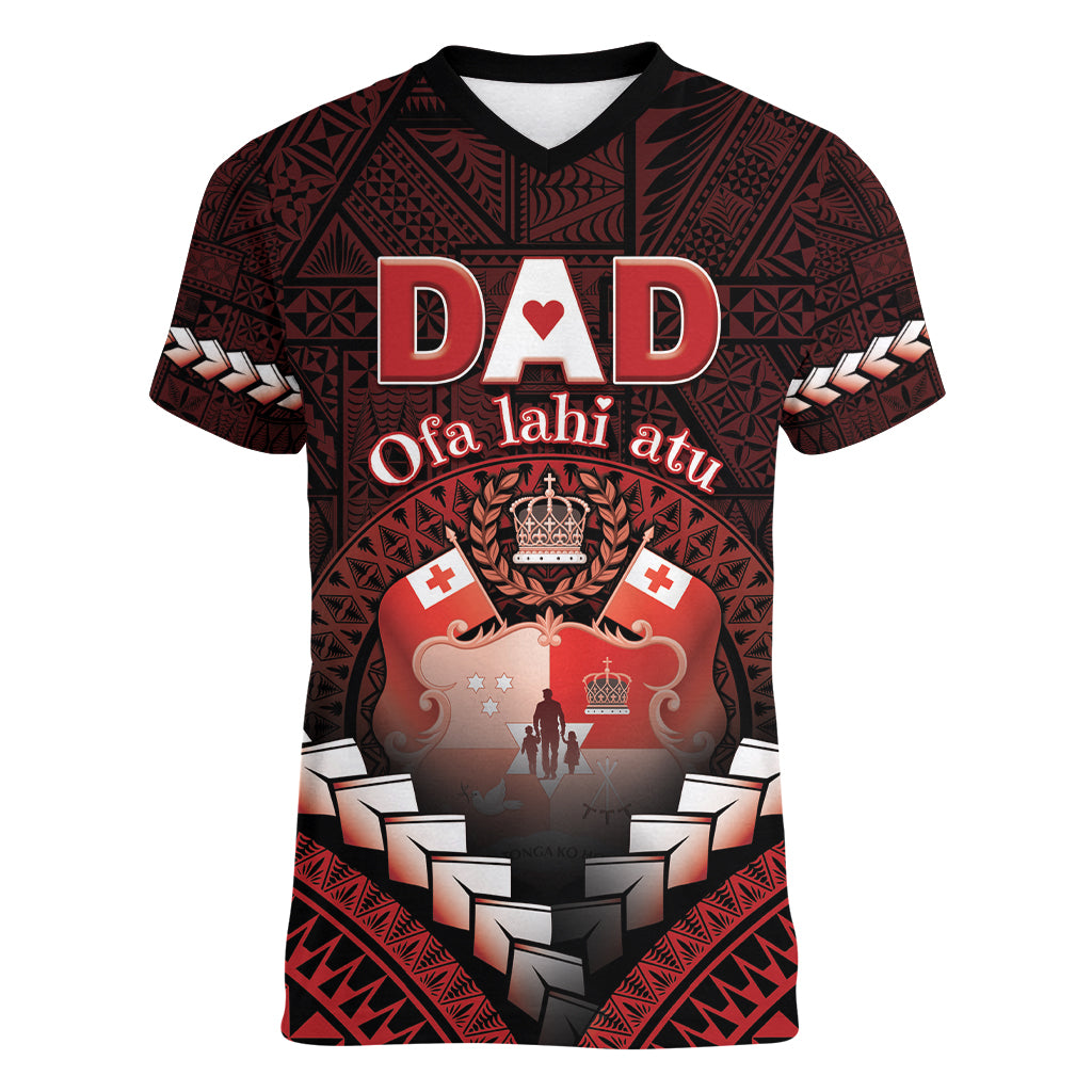 Personalised Tonga Happy Father's Day Women V-Neck T-Shirt Ofa Lahi Atu Dad Polynesian Tribal