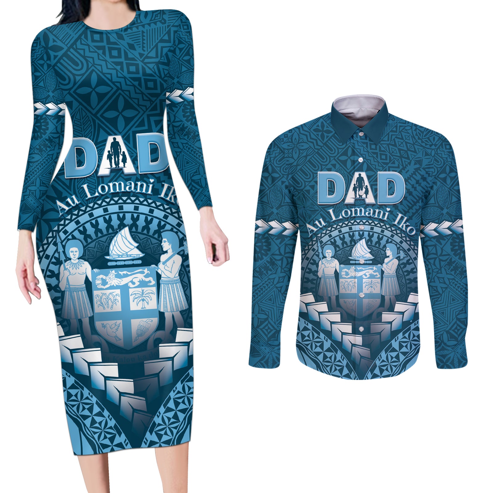 Personalised Fiji Happy Father's Day Couples Matching Long Sleeve Bodycon Dress and Long Sleeve Button Shirt Au Lomani Iko Dad Polynesian Tribal