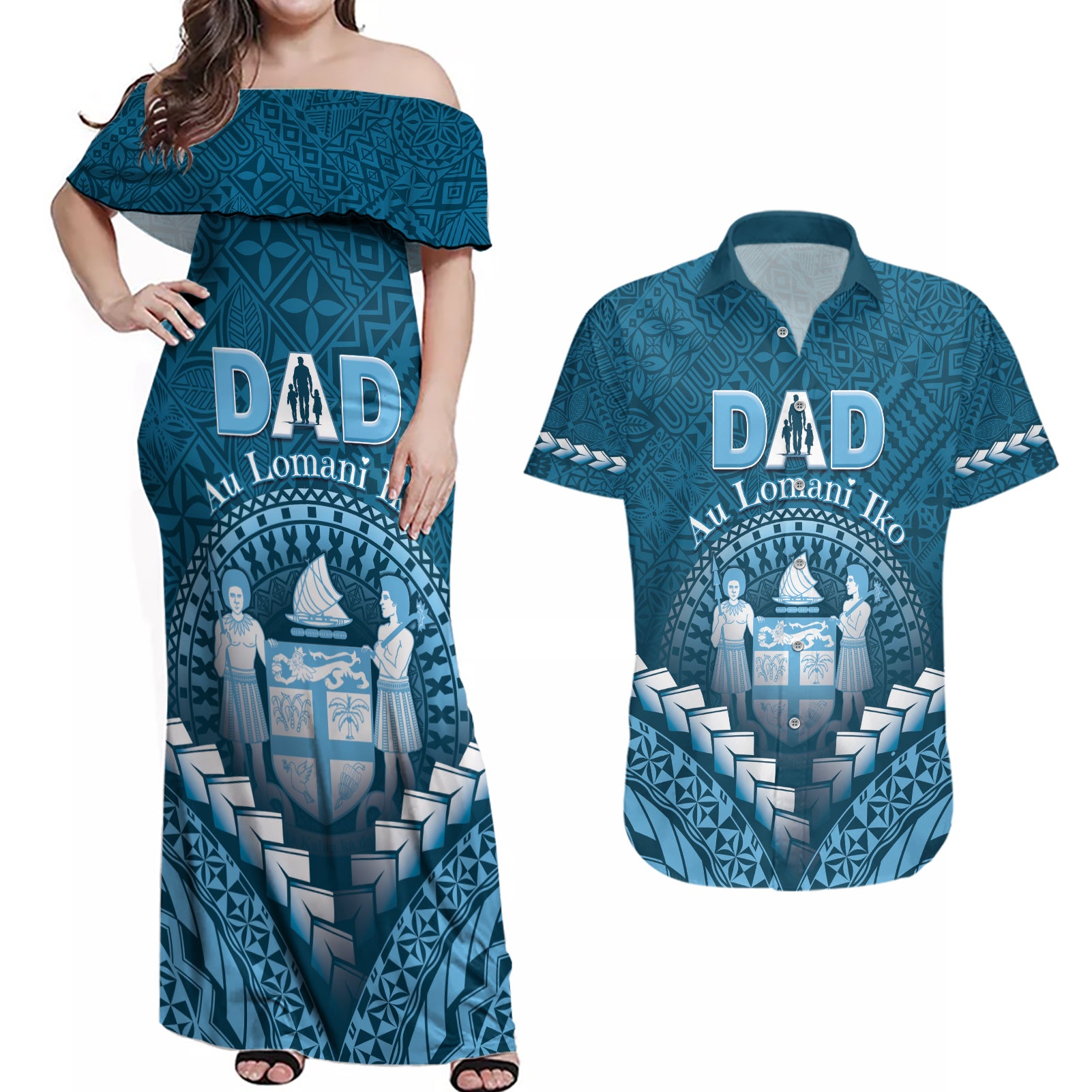 Personalised Fiji Happy Father's Day Couples Matching Off Shoulder Maxi Dress and Hawaiian Shirt Au Lomani Iko Dad Polynesian Tribal