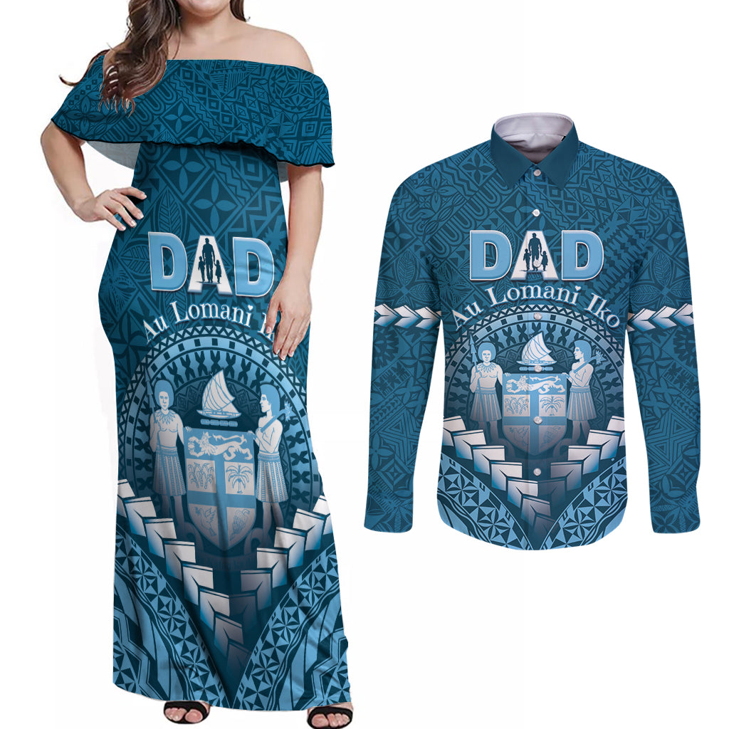 Personalised Fiji Happy Father's Day Couples Matching Off Shoulder Maxi Dress and Long Sleeve Button Shirt Au Lomani Iko Dad Polynesian Tribal