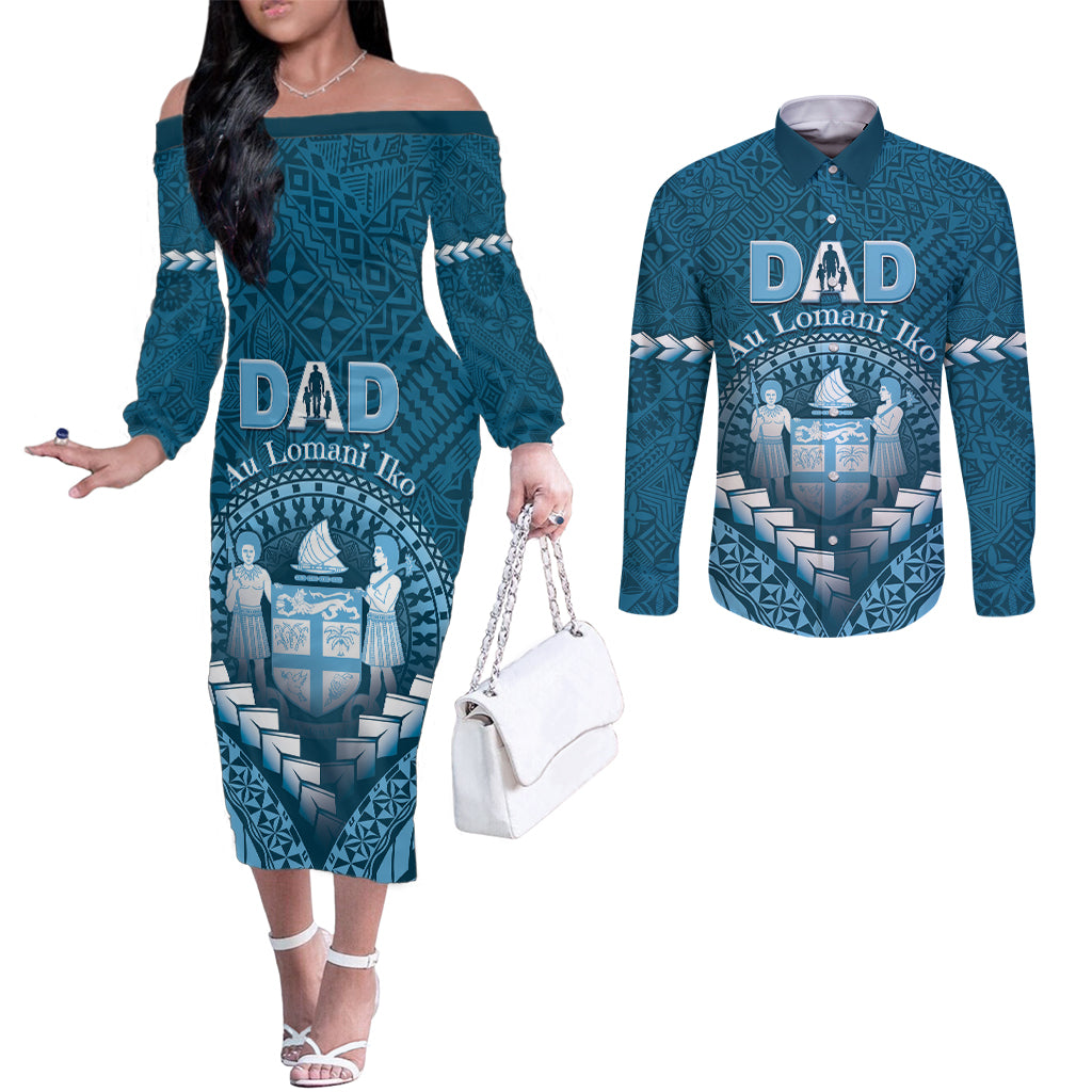 Personalised Fiji Happy Father's Day Couples Matching Off The Shoulder Long Sleeve Dress and Long Sleeve Button Shirt Au Lomani Iko Dad Polynesian Tribal