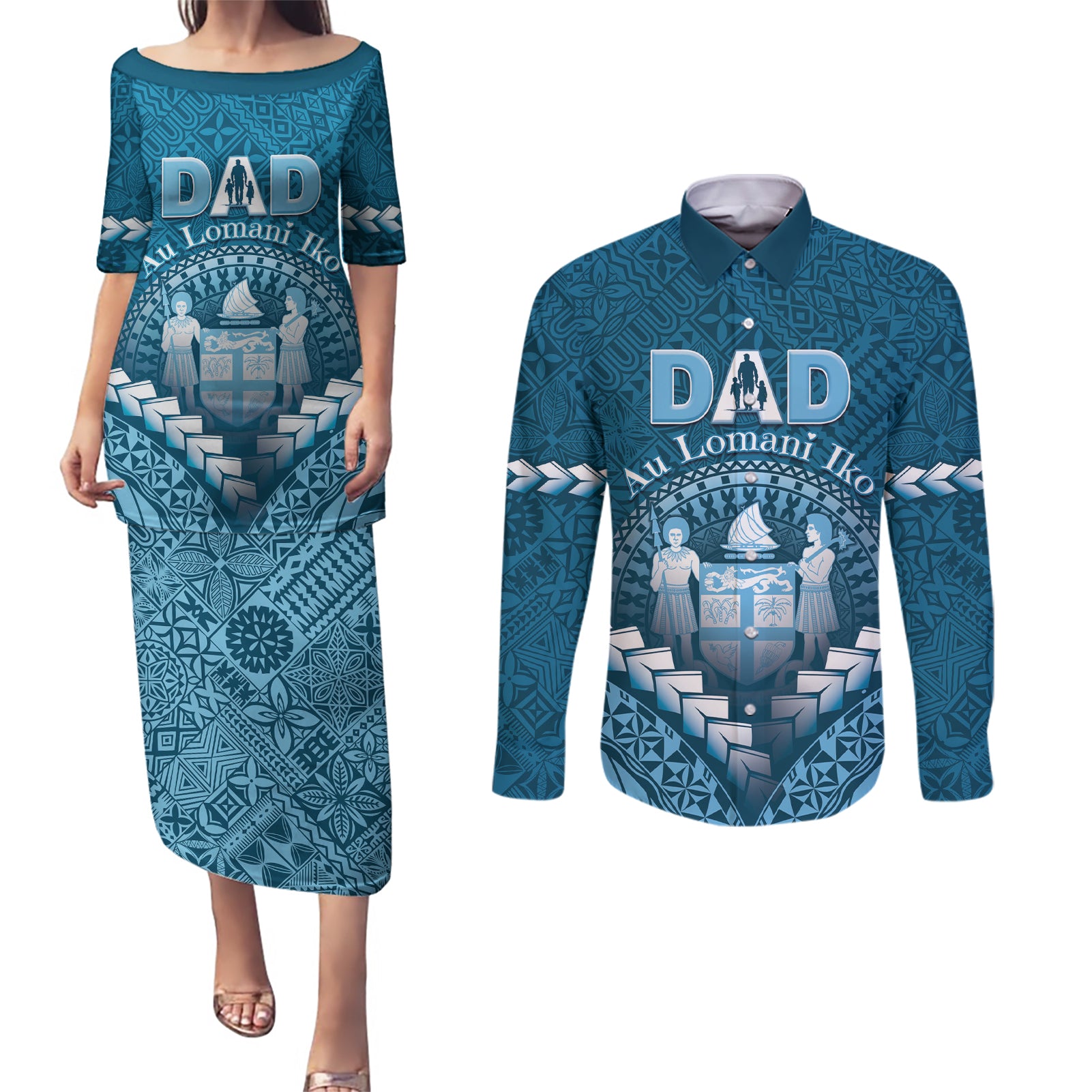 Personalised Fiji Happy Father's Day Couples Matching Puletasi and Long Sleeve Button Shirt Au Lomani Iko Dad Polynesian Tribal