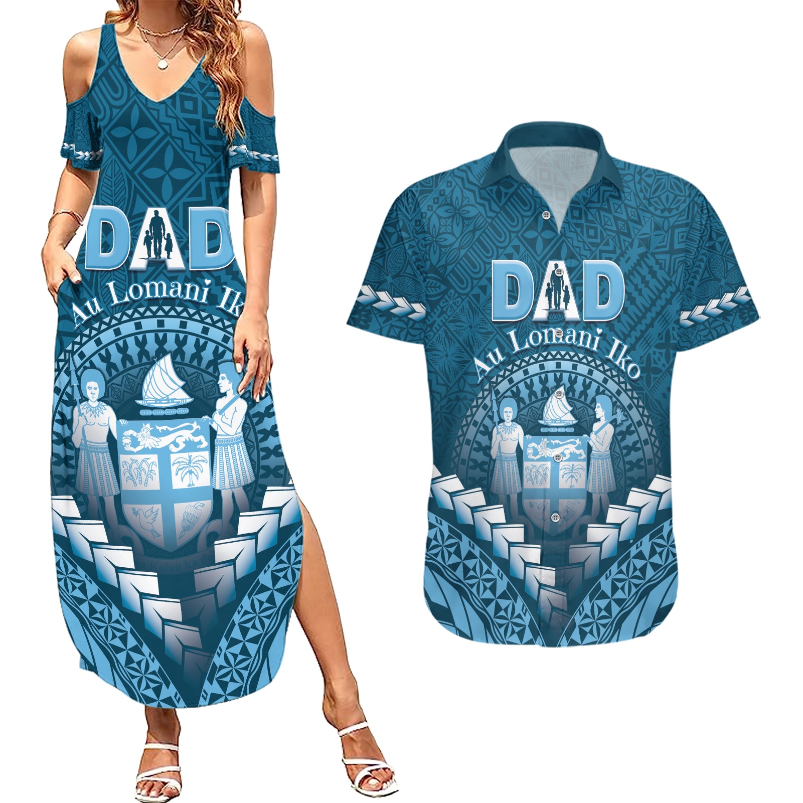 Personalised Fiji Happy Father's Day Couples Matching Summer Maxi Dress and Hawaiian Shirt Au Lomani Iko Dad Polynesian Tribal