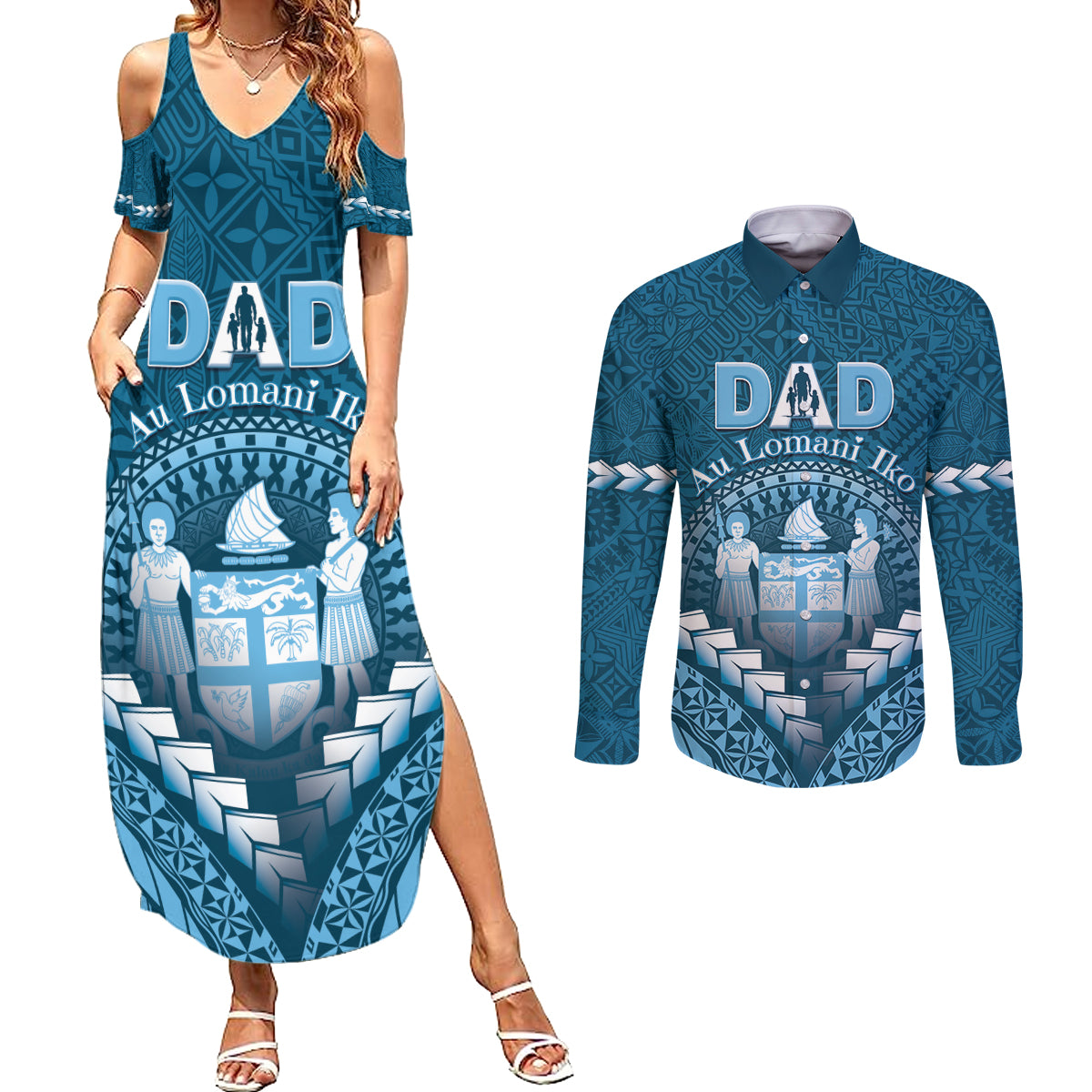 Personalised Fiji Happy Father's Day Couples Matching Summer Maxi Dress and Long Sleeve Button Shirt Au Lomani Iko Dad Polynesian Tribal