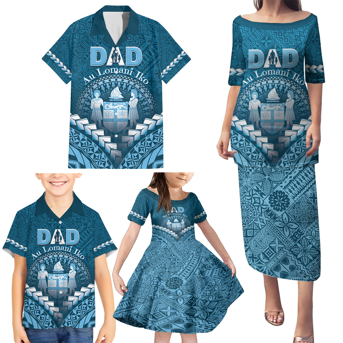Personalised Fiji Happy Father's Day Family Matching Puletasi and Hawaiian Shirt Au Lomani Iko Dad Polynesian Tribal