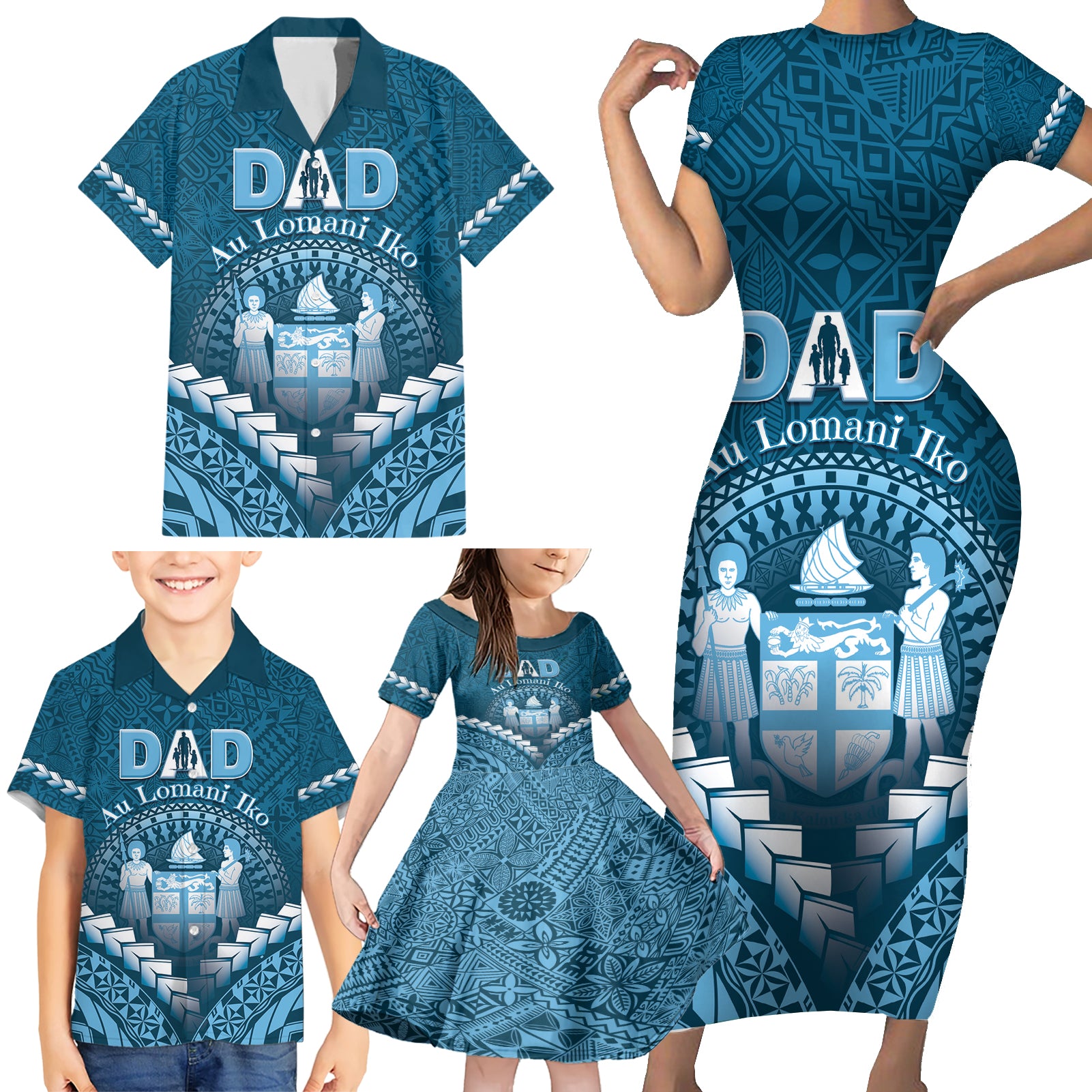 Personalised Fiji Happy Father's Day Family Matching Short Sleeve Bodycon Dress and Hawaiian Shirt Au Lomani Iko Dad Polynesian Tribal