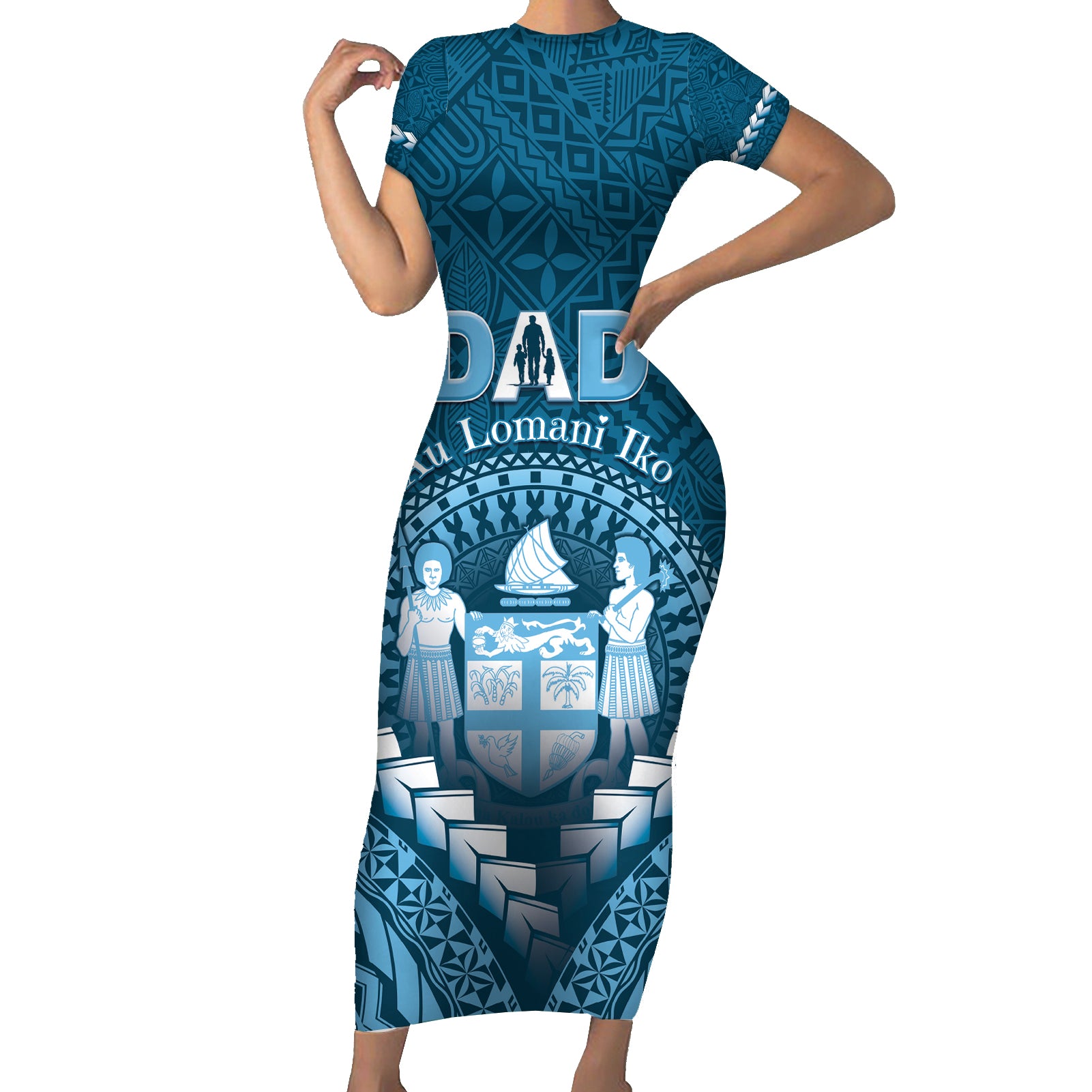 Personalised Fiji Happy Father's Day Short Sleeve Bodycon Dress Au Lomani Iko Dad Polynesian Tribal