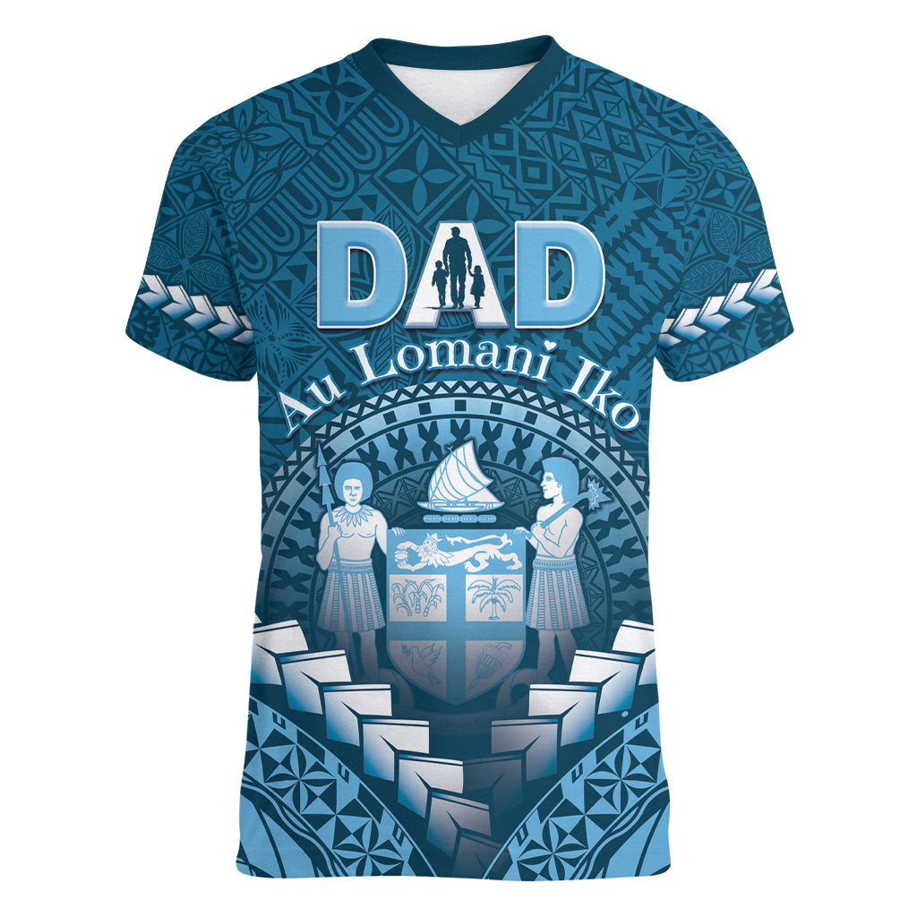 Personalised Fiji Happy Father's Day Women V-Neck T-Shirt Au Lomani Iko Dad Polynesian Tribal