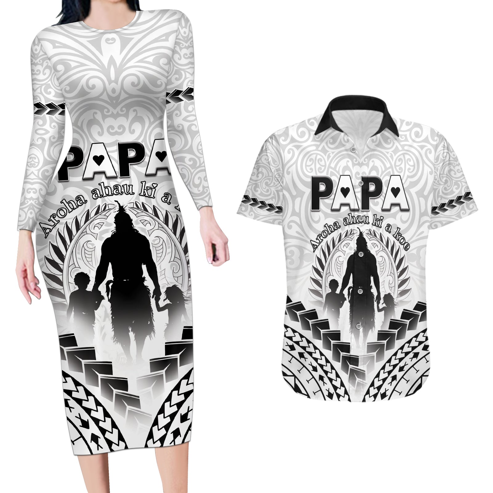 Personalised New Zealand Happy Father's Day Couples Matching Long Sleeve Bodycon Dress and Hawaiian Shirt Aroha Ahau Ki A Koe Papa Polynesian Tribal