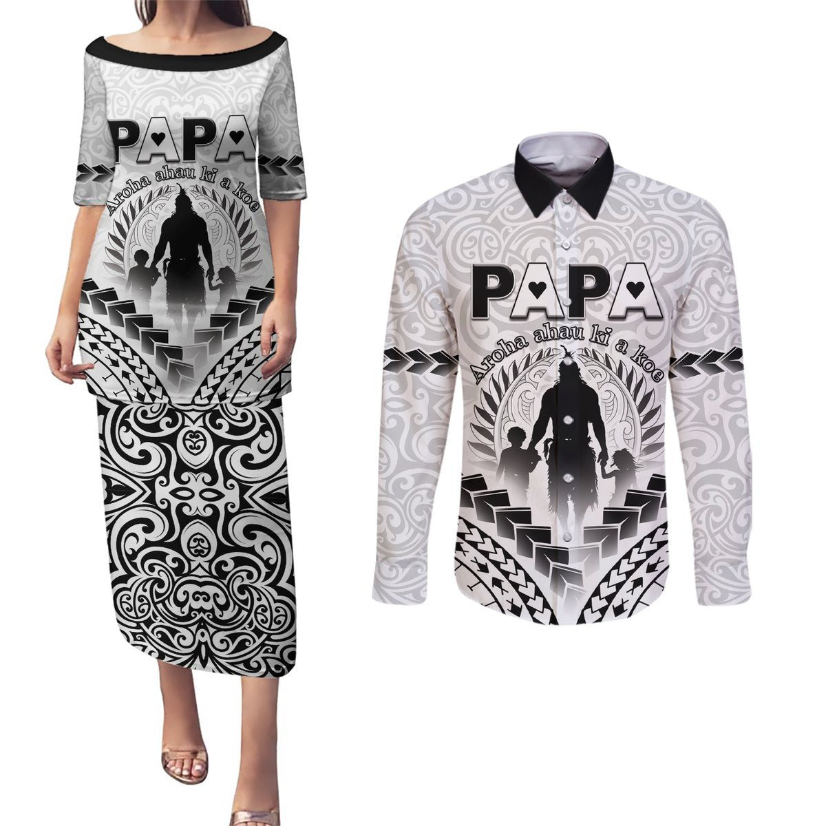 Personalised New Zealand Happy Father's Day Couples Matching Puletasi and Long Sleeve Button Shirt Aroha Ahau Ki A Koe Papa Polynesian Tribal LT05 White - Polynesian Pride
