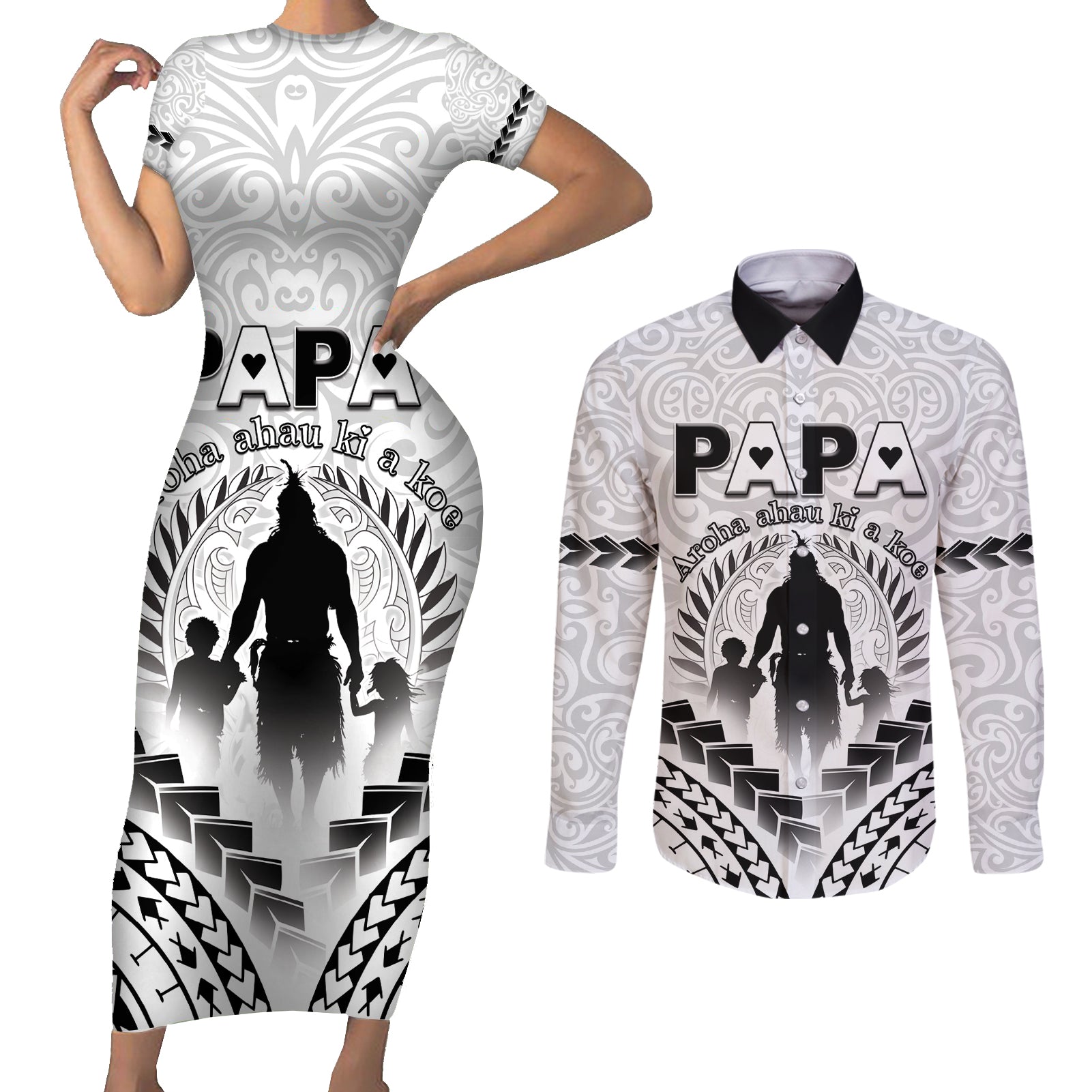 Personalised New Zealand Happy Father's Day Couples Matching Short Sleeve Bodycon Dress and Long Sleeve Button Shirt Aroha Ahau Ki A Koe Papa Polynesian Tribal