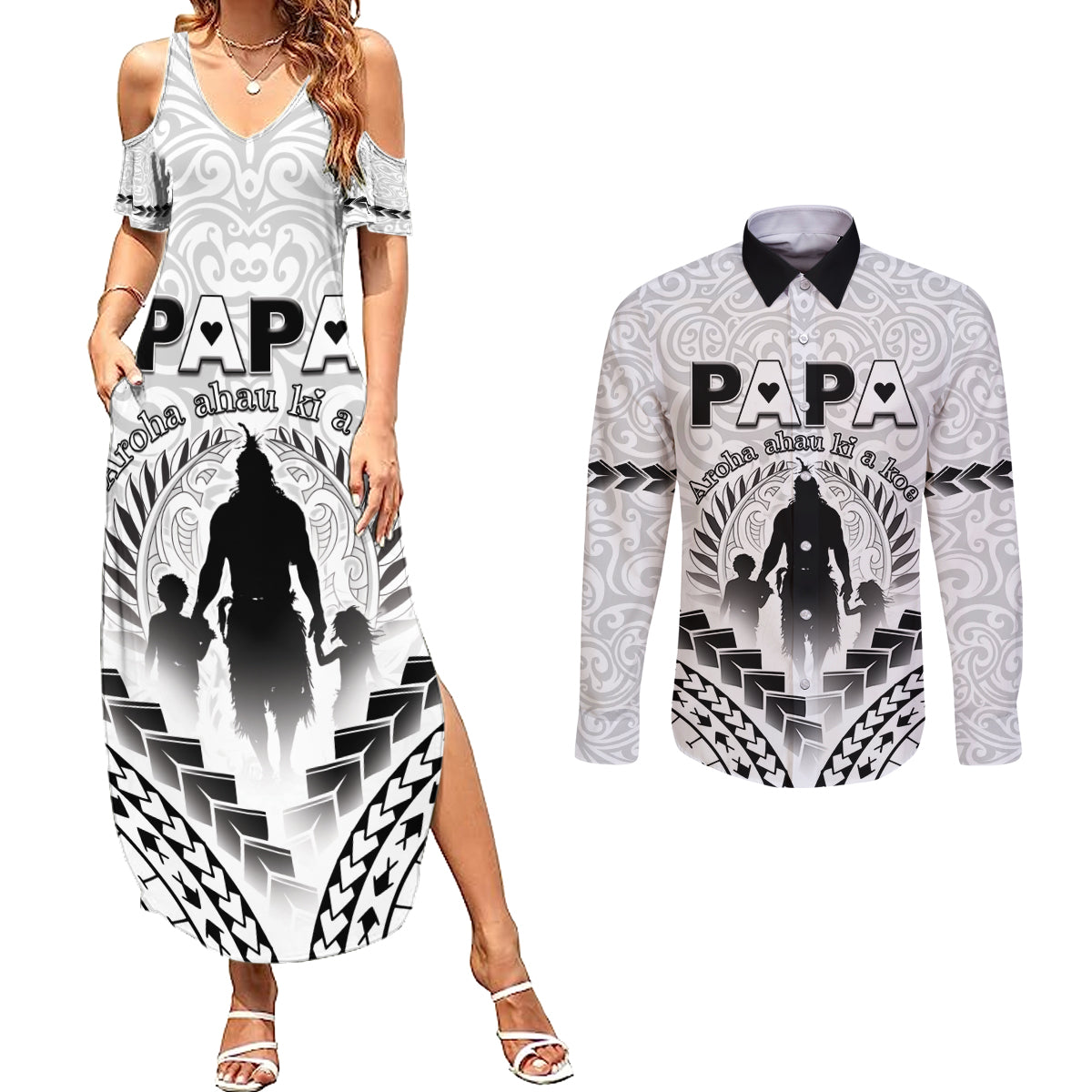 Personalised New Zealand Happy Father's Day Couples Matching Summer Maxi Dress and Long Sleeve Button Shirt Aroha Ahau Ki A Koe Papa Polynesian Tribal