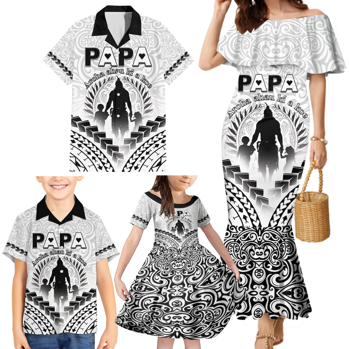 Personalised New Zealand Happy Father's Day Family Matching Mermaid Dress and Hawaiian Shirt Aroha Ahau Ki A Koe Papa Polynesian Tribal