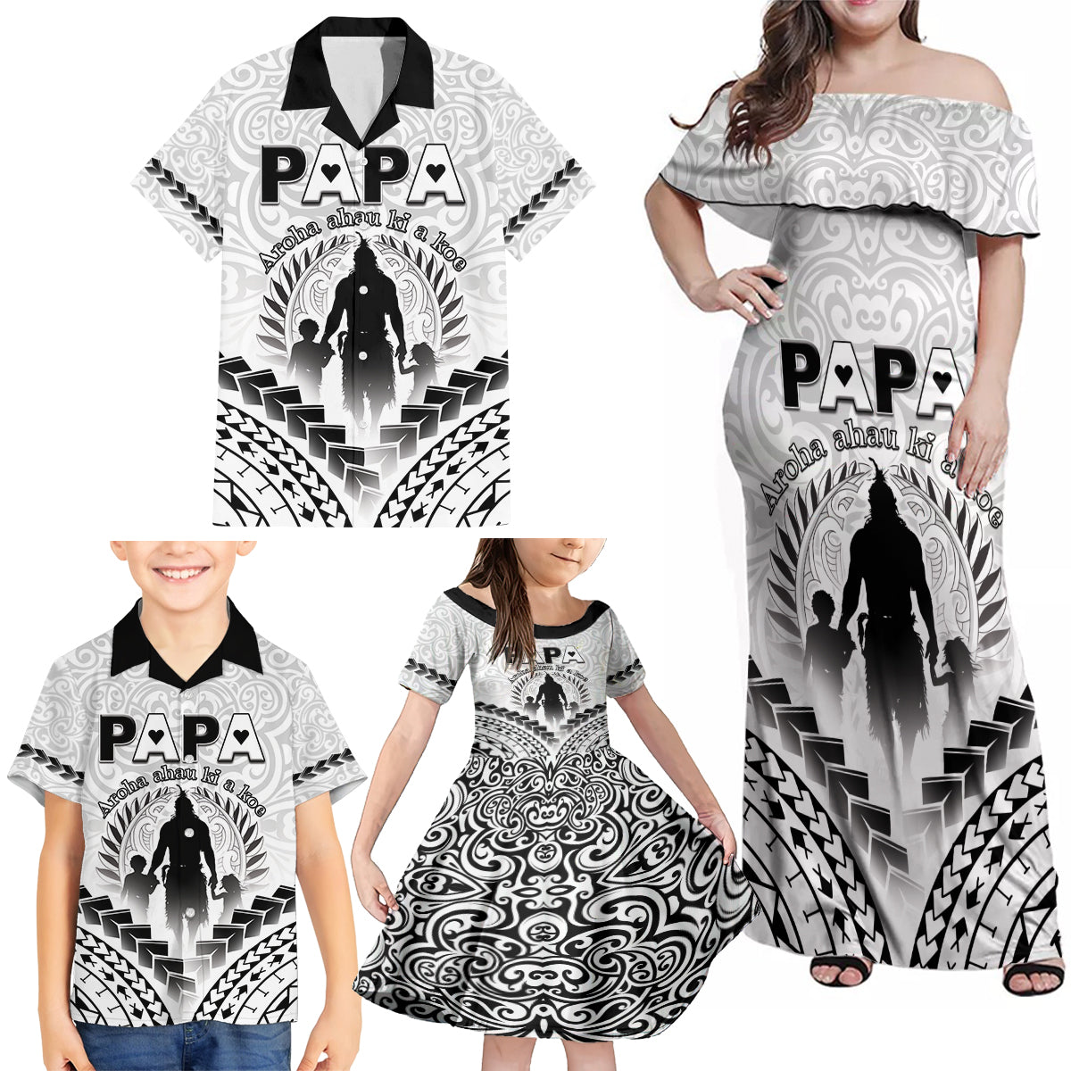 Personalised New Zealand Happy Father's Day Family Matching Off Shoulder Maxi Dress and Hawaiian Shirt Aroha Ahau Ki A Koe Papa Polynesian Tribal