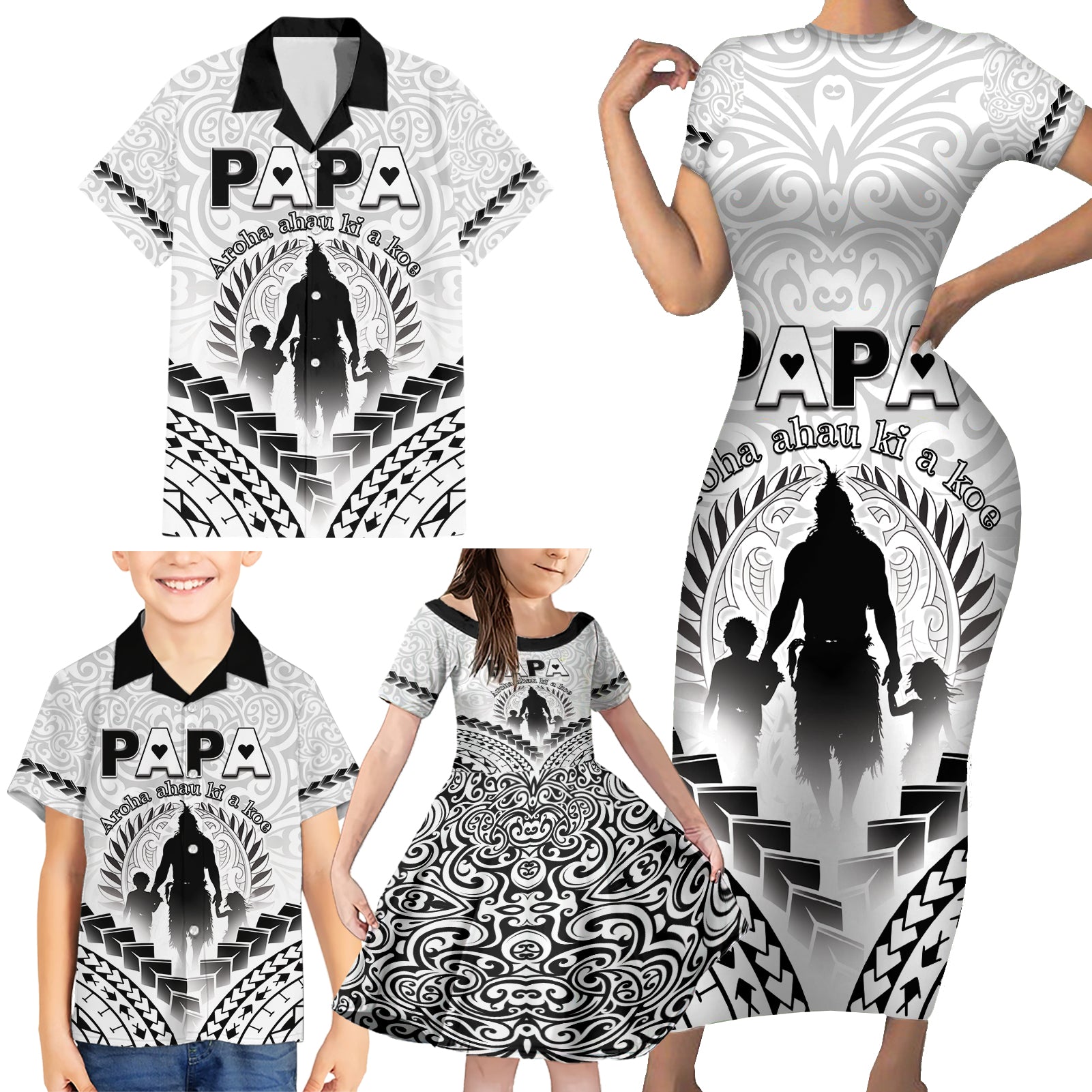 Personalised New Zealand Happy Father's Day Family Matching Short Sleeve Bodycon Dress and Hawaiian Shirt Aroha Ahau Ki A Koe Papa Polynesian Tribal