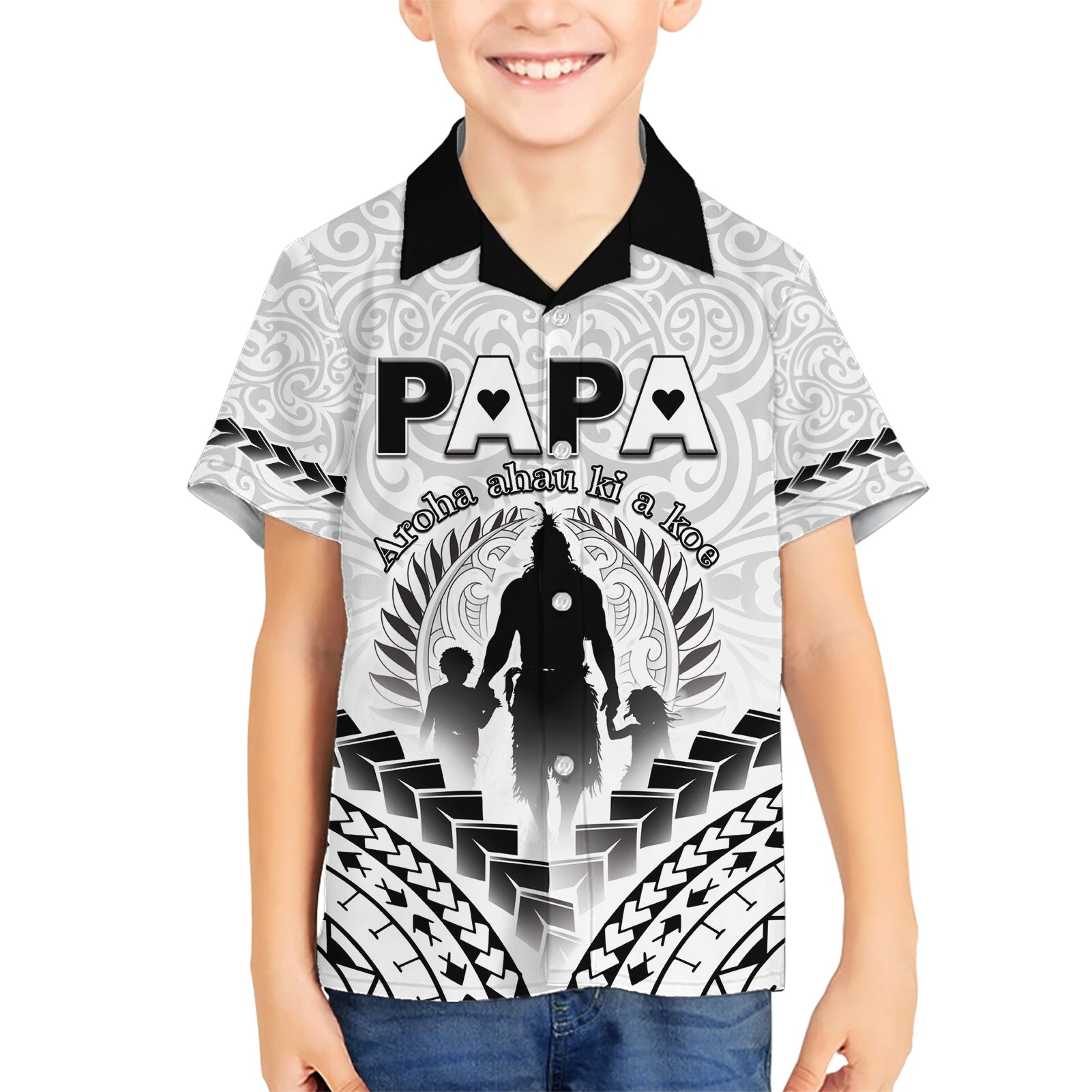 Personalised New Zealand Happy Father's Day Kid Hawaiian Shirt Aroha Ahau Ki A Koe Papa Polynesian Tribal