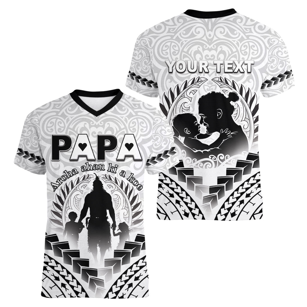 Personalised New Zealand Happy Father's Day Women V-Neck T-Shirt Aroha Ahau Ki A Koe Papa Polynesian Tribal