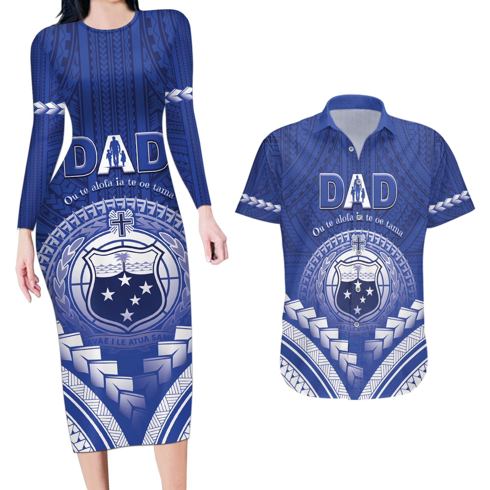 Personalised Samoa Happy Father's Day Couples Matching Long Sleeve Bodycon Dress and Hawaiian Shirt Ou Te Alofa Ia Te Oe Tama Dad Polynesian Tribal