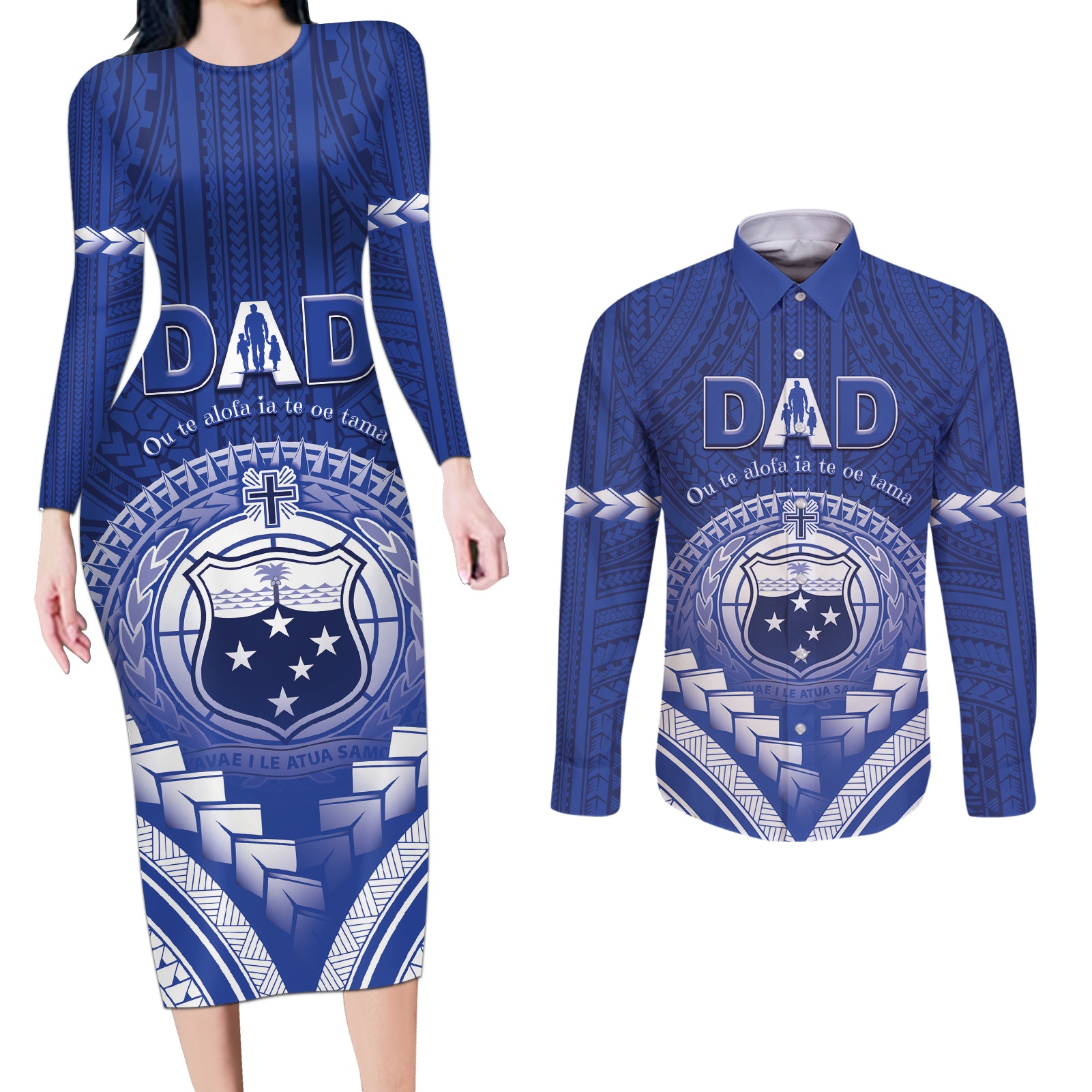 Personalised Samoa Happy Father's Day Couples Matching Long Sleeve Bodycon Dress and Long Sleeve Button Shirt Ou Te Alofa Ia Te Oe Tama Dad Polynesian Tribal