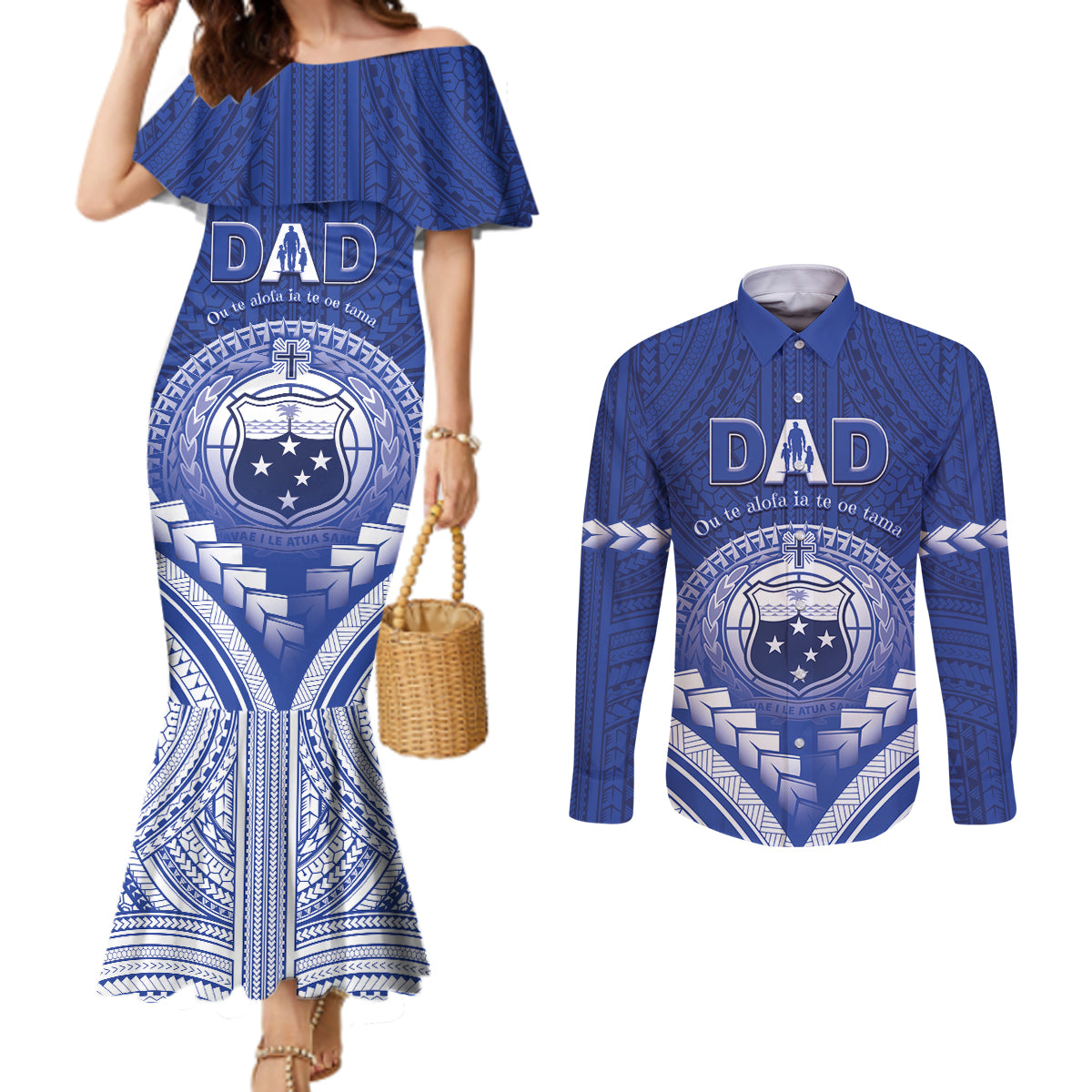 Personalised Samoa Happy Father's Day Couples Matching Mermaid Dress and Long Sleeve Button Shirt Ou Te Alofa Ia Te Oe Tama Dad Polynesian Tribal