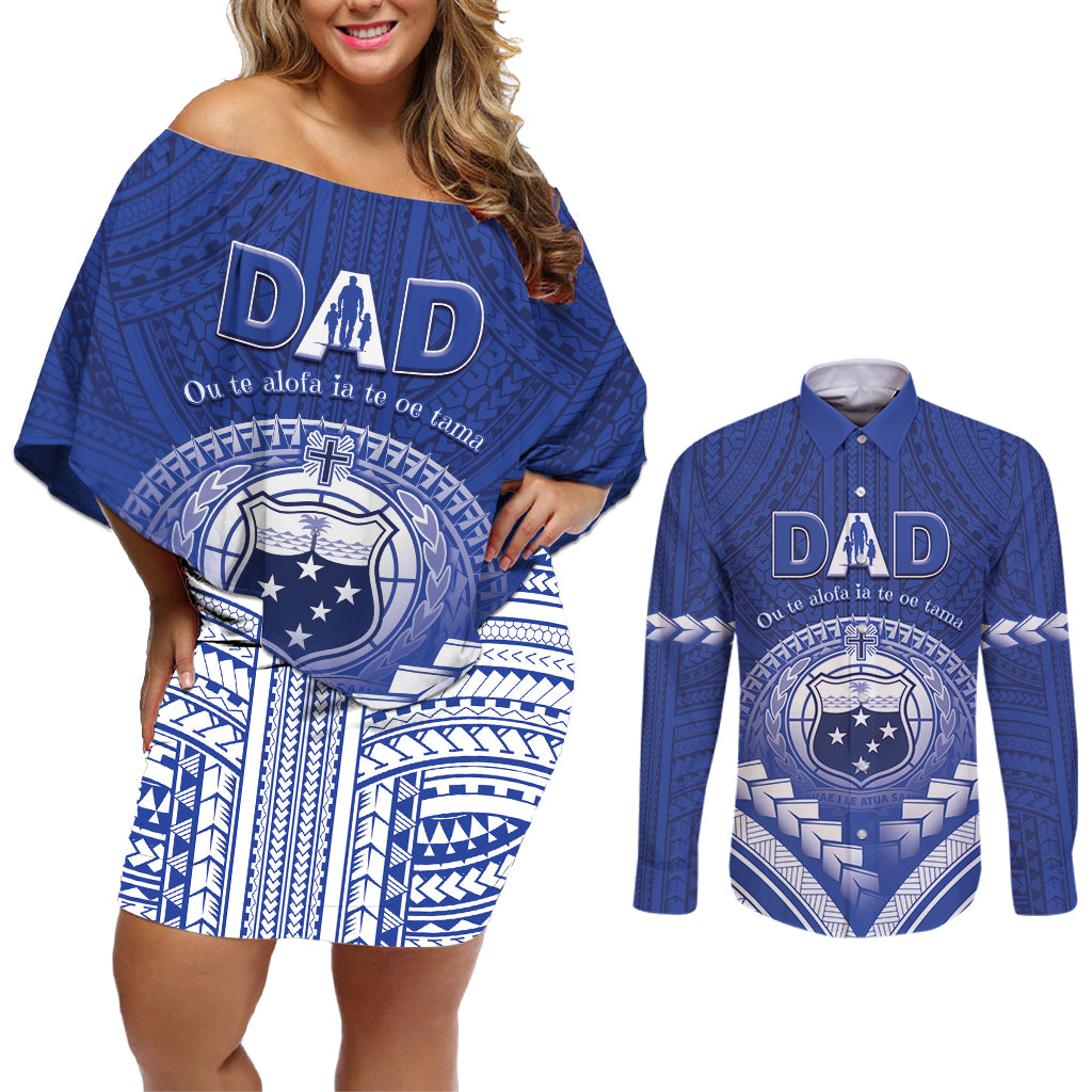 Personalised Samoa Happy Father's Day Couples Matching Off Shoulder Short Dress and Long Sleeve Button Shirt Ou Te Alofa Ia Te Oe Tama Dad Polynesian Tribal