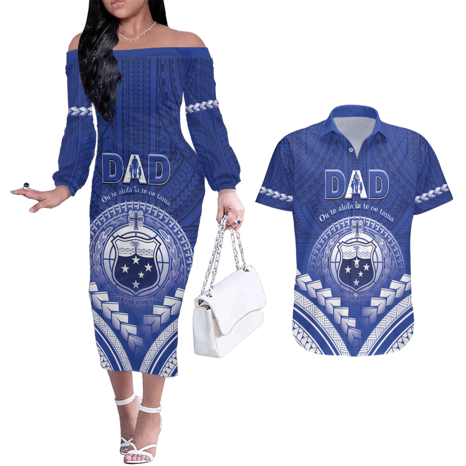 Personalised Samoa Happy Father's Day Couples Matching Off The Shoulder Long Sleeve Dress and Hawaiian Shirt Ou Te Alofa Ia Te Oe Tama Dad Polynesian Tribal