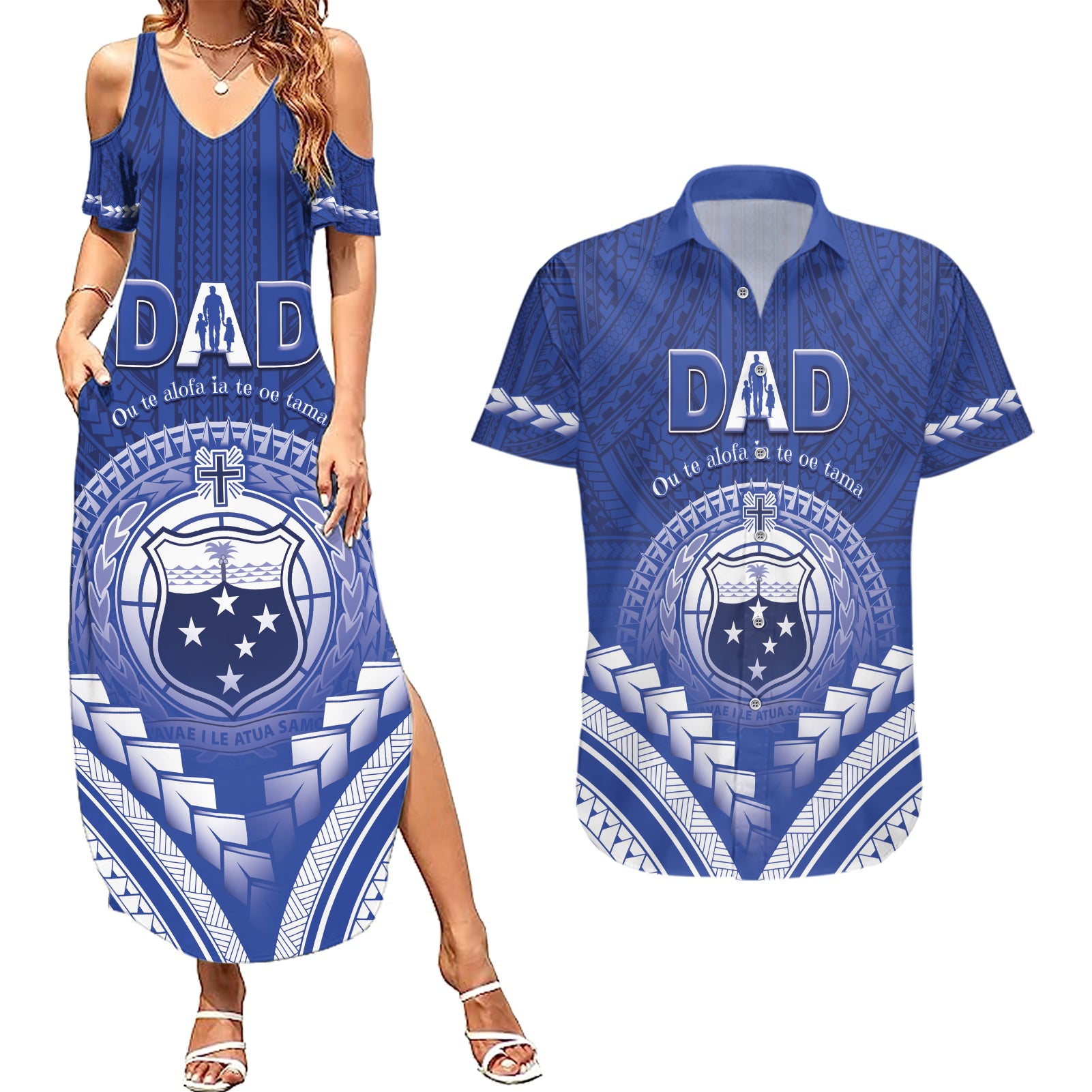 Personalised Samoa Happy Father's Day Couples Matching Summer Maxi Dress and Hawaiian Shirt Ou Te Alofa Ia Te Oe Tama Dad Polynesian Tribal