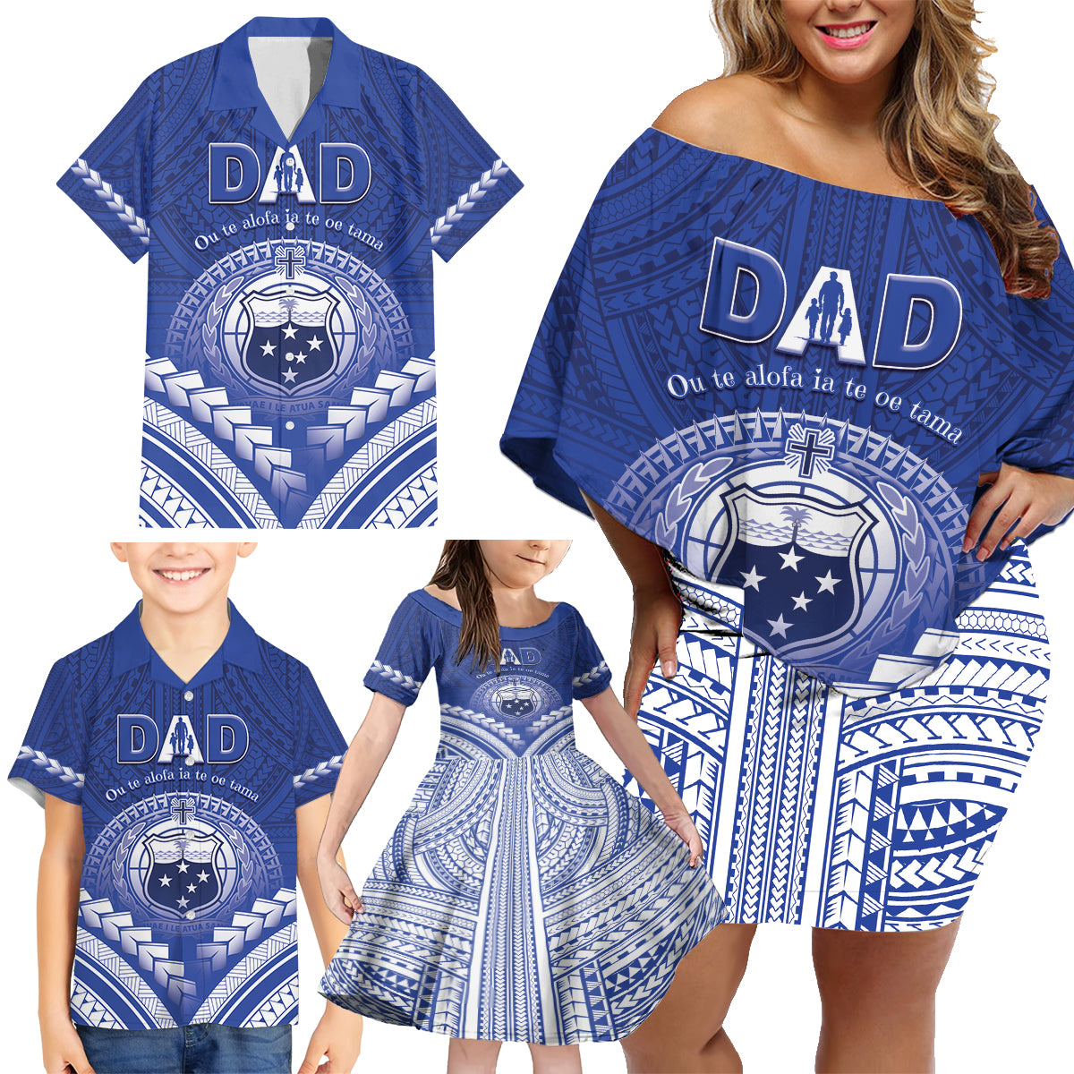 Personalised Samoa Happy Father's Day Family Matching Off Shoulder Short Dress and Hawaiian Shirt Ou Te Alofa Ia Te Oe Tama Dad Polynesian Tribal