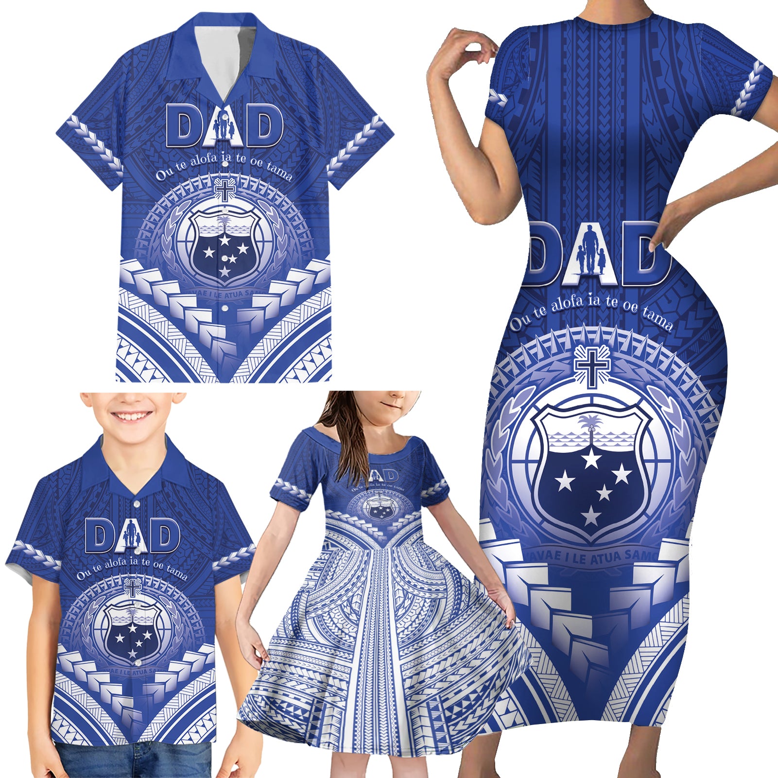 Personalised Samoa Happy Father's Day Family Matching Short Sleeve Bodycon Dress and Hawaiian Shirt Ou Te Alofa Ia Te Oe Tama Dad Polynesian Tribal