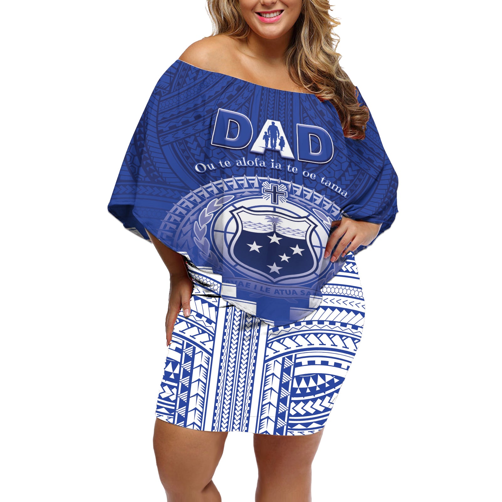 Personalised Samoa Happy Father's Day Off Shoulder Short Dress Ou Te Alofa Ia Te Oe Tama Dad Polynesian Tribal