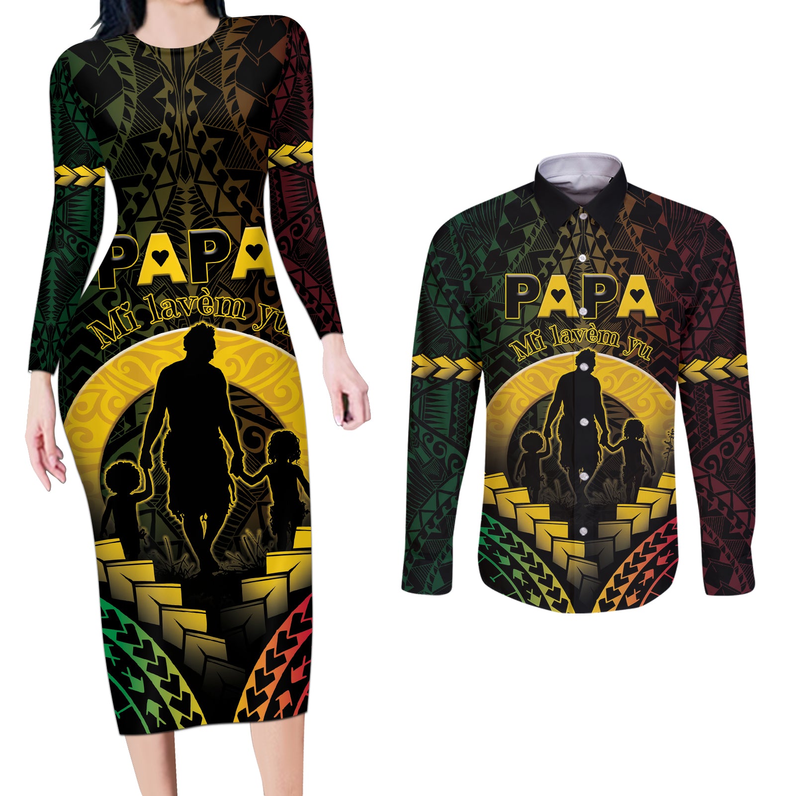 Personalised Vanuatu Happy Father's Day Couples Matching Long Sleeve Bodycon Dress and Long Sleeve Button Shirt Mi Lavem Yu Papa Polynesian Tribal