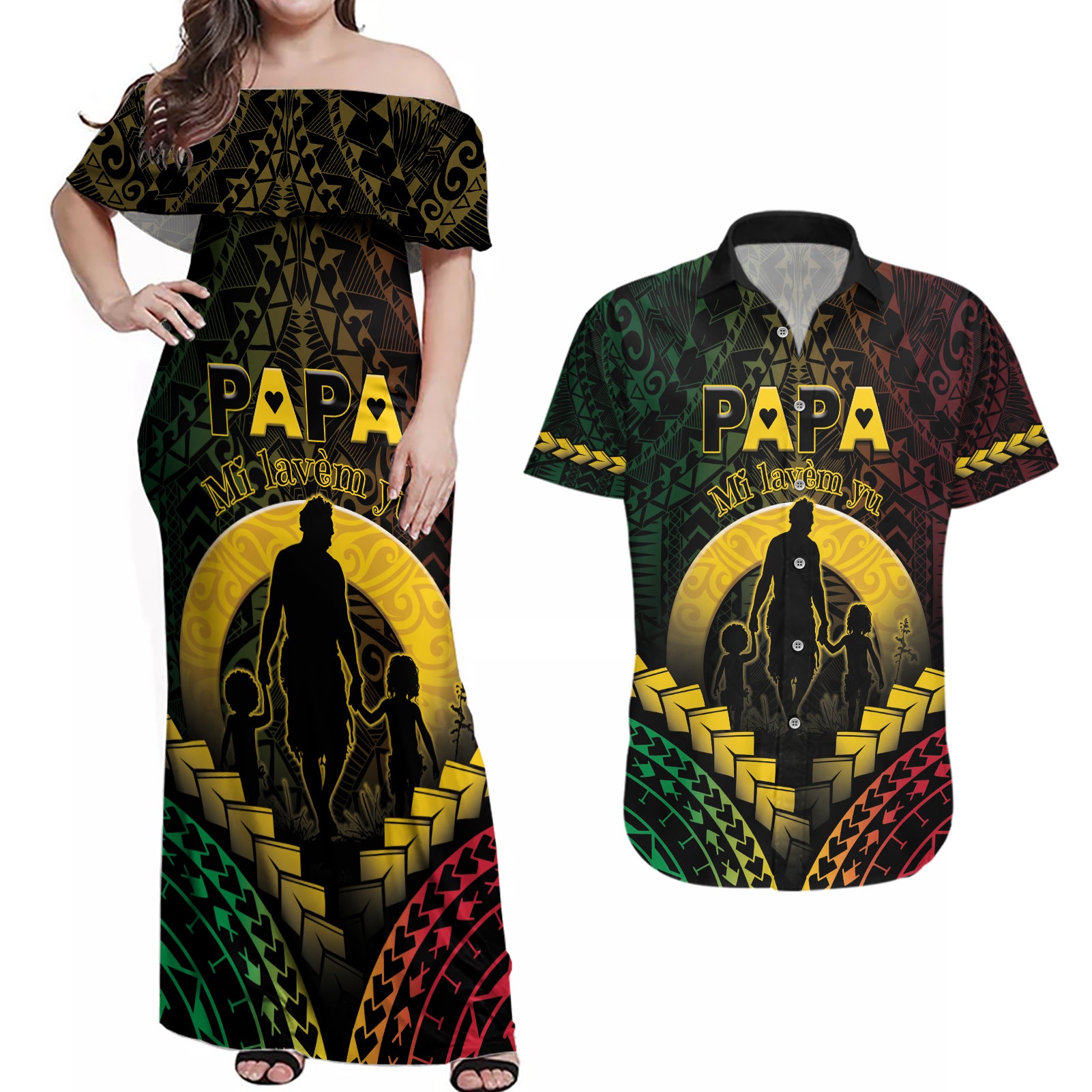 Personalised Vanuatu Happy Father's Day Couples Matching Off Shoulder Maxi Dress and Hawaiian Shirt Mi Lavem Yu Papa Polynesian Tribal