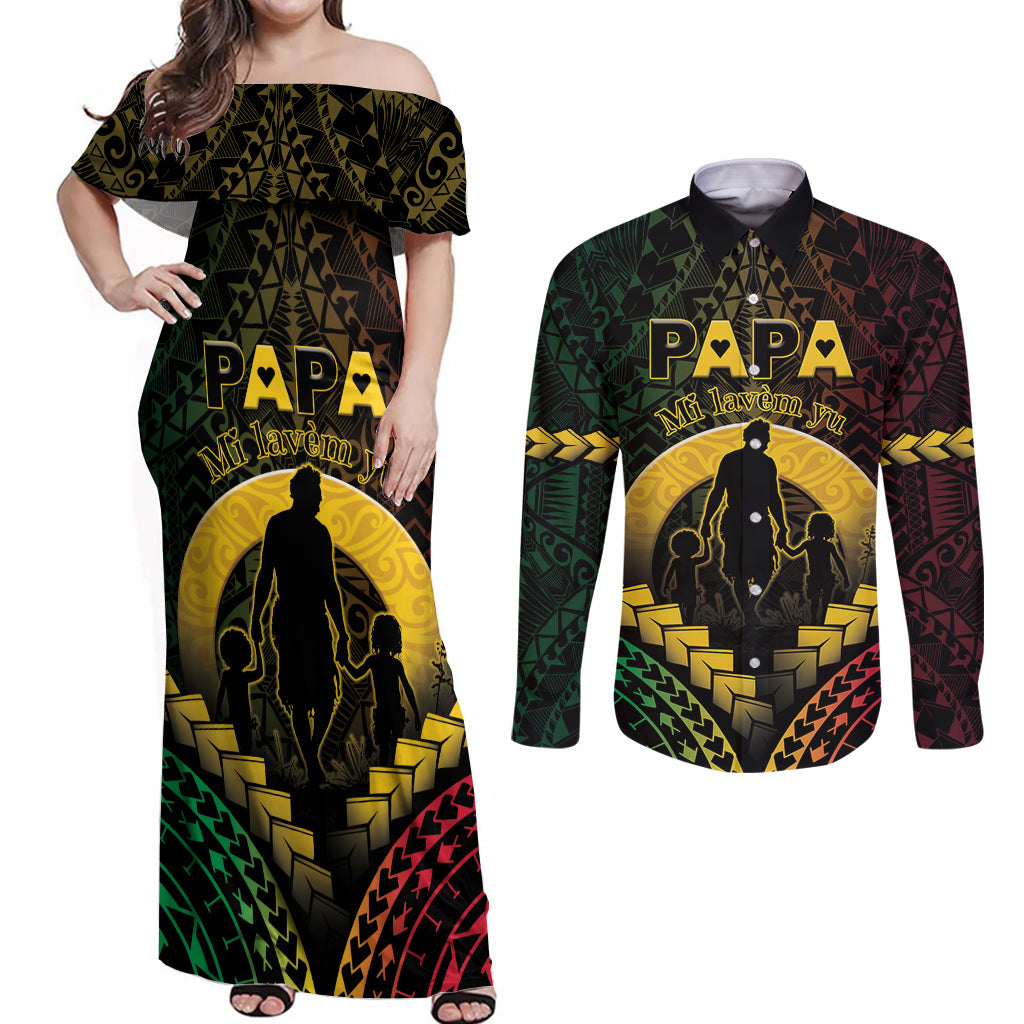 Personalised Vanuatu Happy Father's Day Couples Matching Off Shoulder Maxi Dress and Long Sleeve Button Shirt Mi Lavem Yu Papa Polynesian Tribal