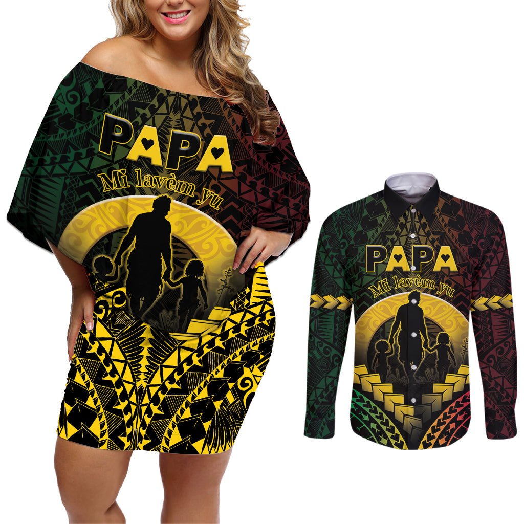 Personalised Vanuatu Happy Father's Day Couples Matching Off Shoulder Short Dress and Long Sleeve Button Shirt Mi Lavem Yu Papa Polynesian Tribal