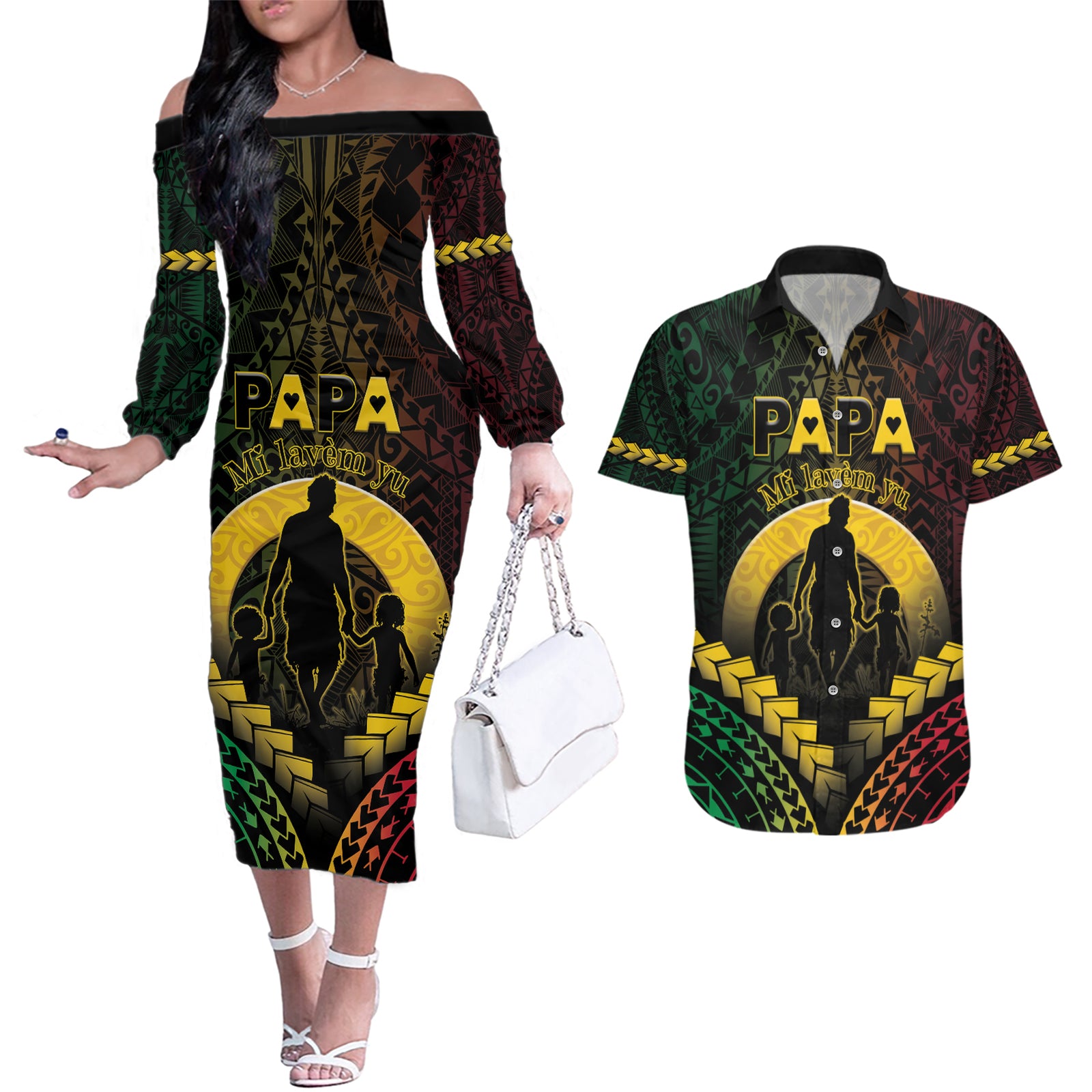 Personalised Vanuatu Happy Father's Day Couples Matching Off The Shoulder Long Sleeve Dress and Hawaiian Shirt Mi Lavem Yu Papa Polynesian Tribal LT05 Reggae - Polynesian Pride