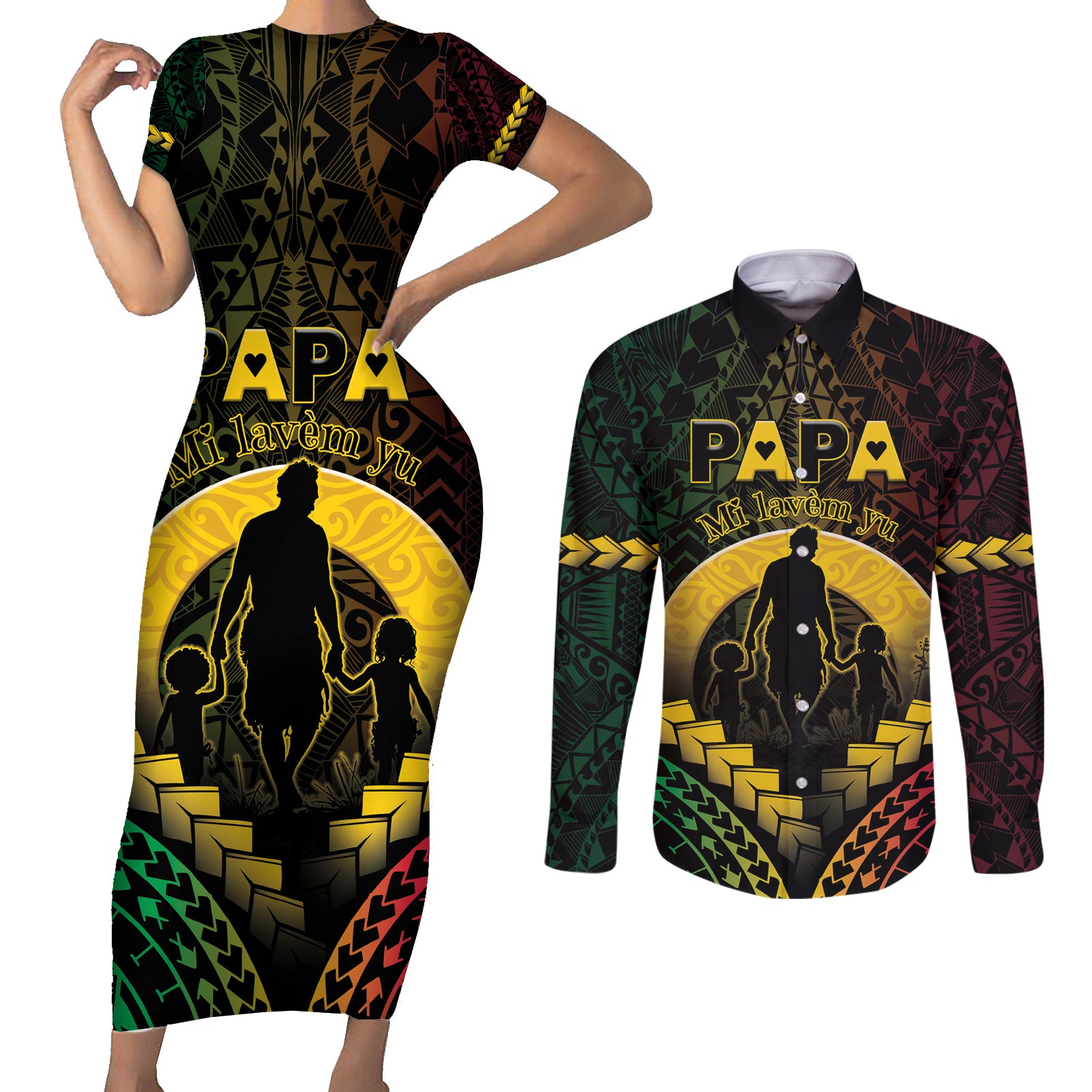 Personalised Vanuatu Happy Father's Day Couples Matching Short Sleeve Bodycon Dress and Long Sleeve Button Shirt Mi Lavem Yu Papa Polynesian Tribal