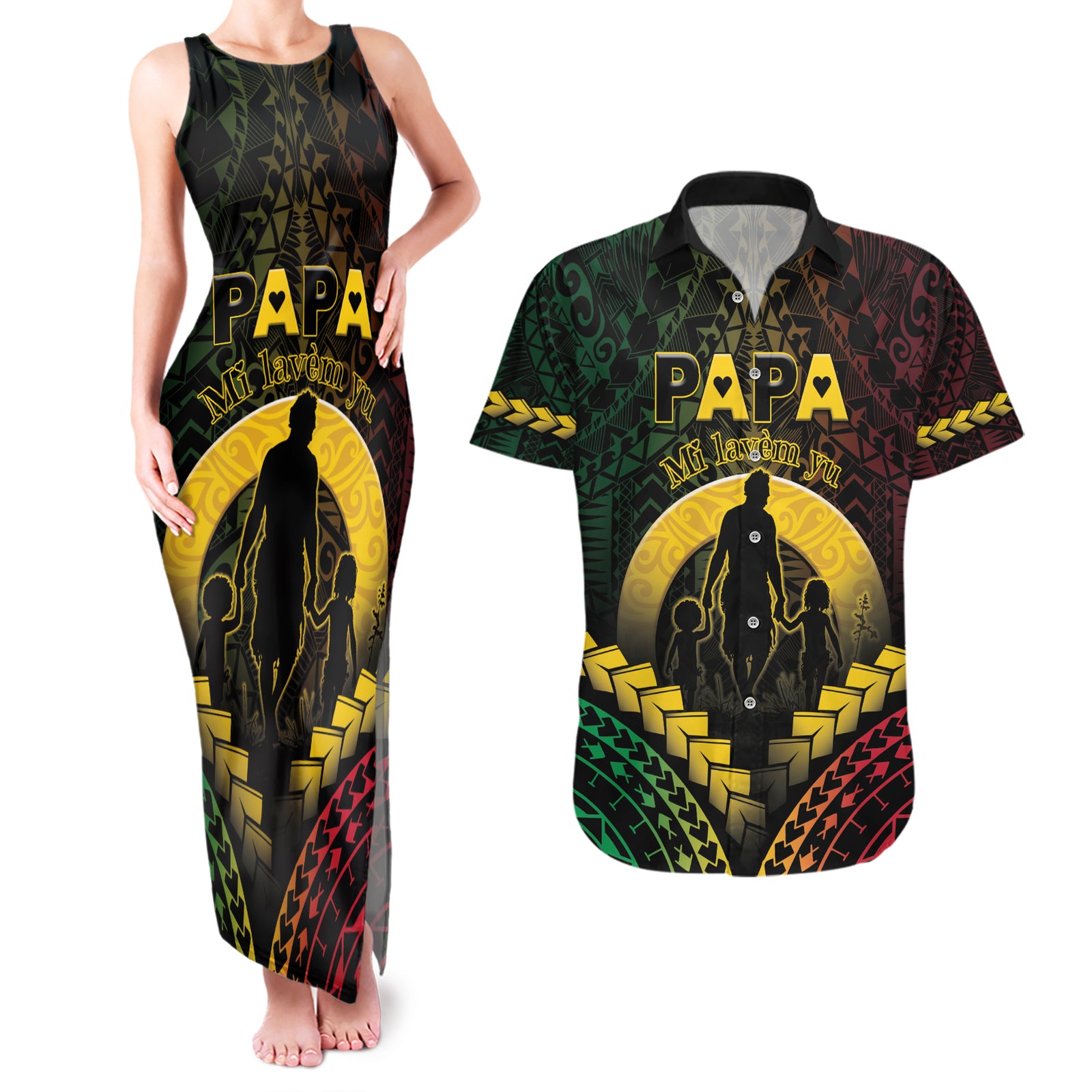 Personalised Vanuatu Happy Father's Day Couples Matching Tank Maxi Dress and Hawaiian Shirt Mi Lavem Yu Papa Polynesian Tribal LT05 Reggae - Polynesian Pride