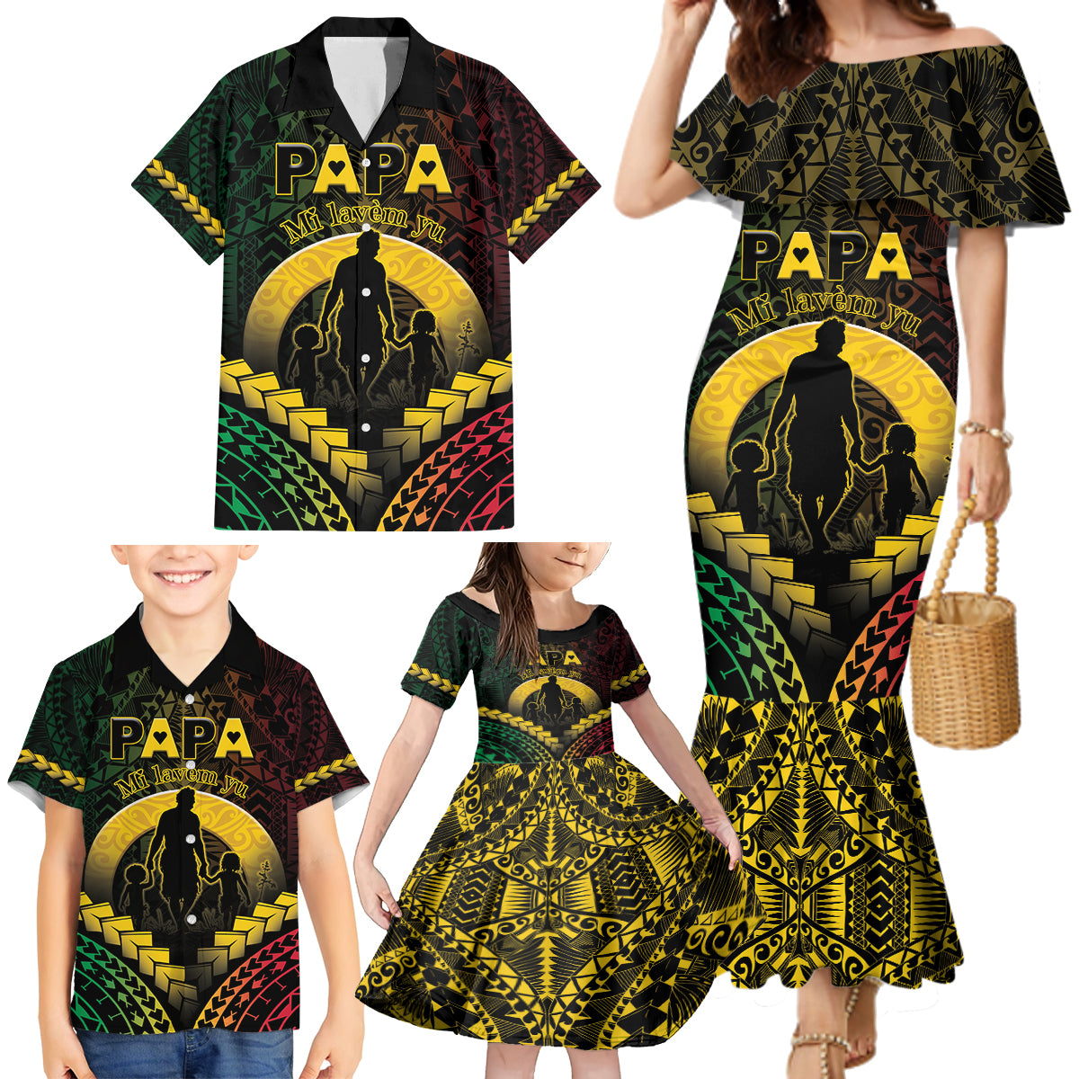 Personalised Vanuatu Happy Father's Day Family Matching Mermaid Dress and Hawaiian Shirt Mi Lavem Yu Papa Polynesian Tribal