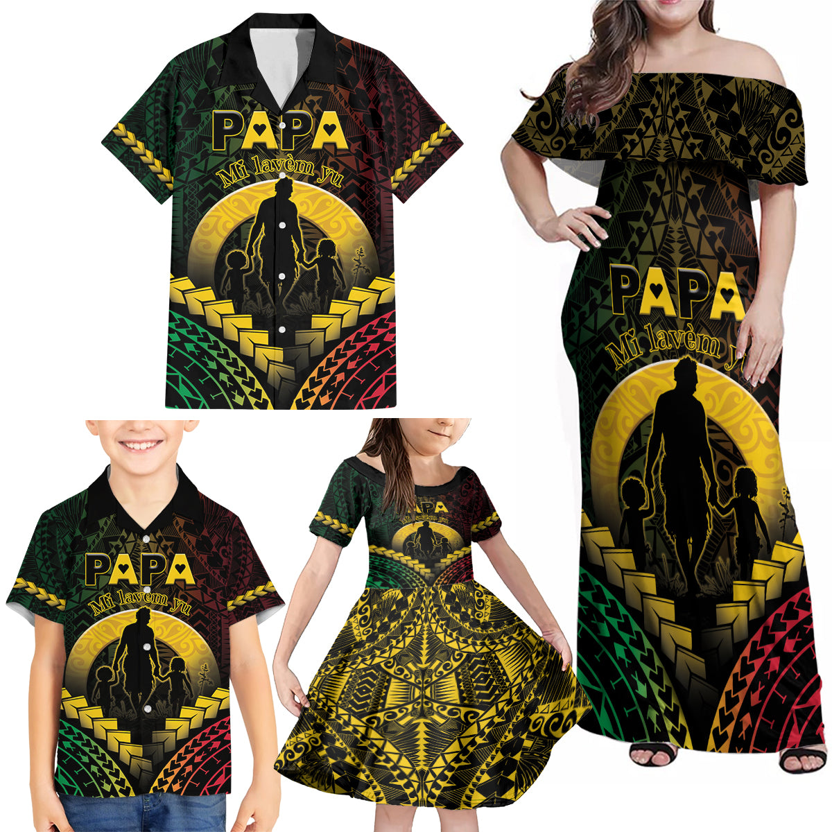 Personalised Vanuatu Happy Father's Day Family Matching Off Shoulder Maxi Dress and Hawaiian Shirt Mi Lavem Yu Papa Polynesian Tribal