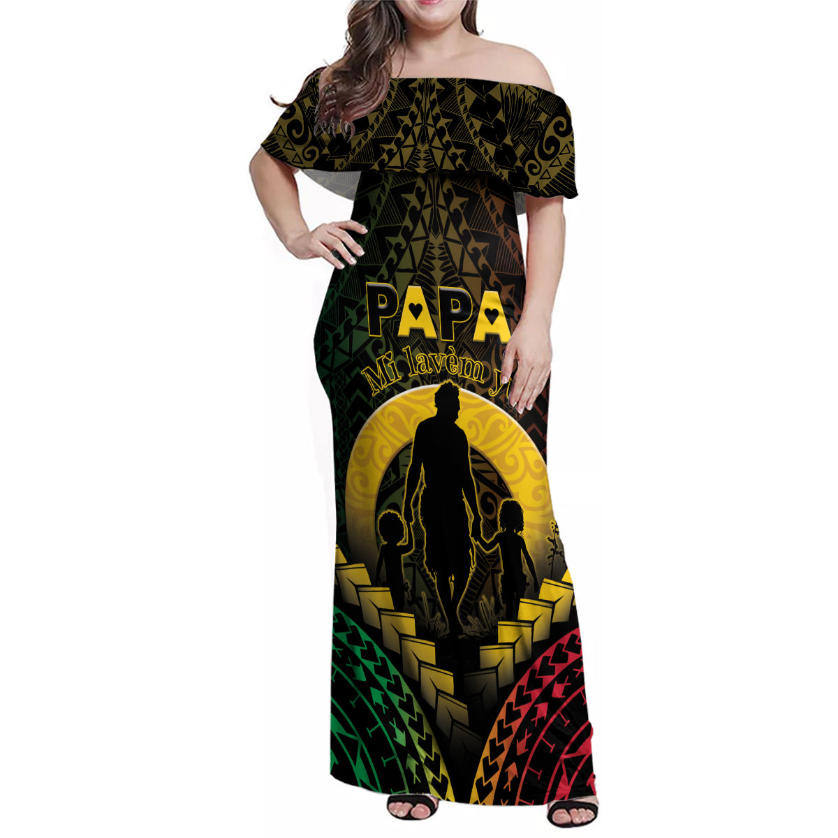 Personalised Vanuatu Happy Father's Day Family Matching Off Shoulder Maxi Dress and Hawaiian Shirt Mi Lavem Yu Papa Polynesian Tribal
