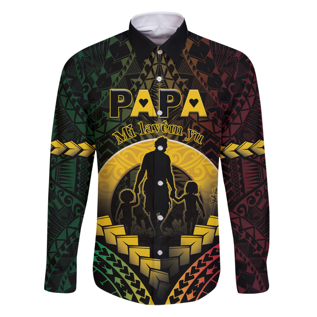 Personalised Vanuatu Happy Father's Day Family Matching Puletasi and Hawaiian Shirt Mi Lavem Yu Papa Polynesian Tribal LT05 Dad's Shirt - Long Sleeve Reggae - Polynesian Pride