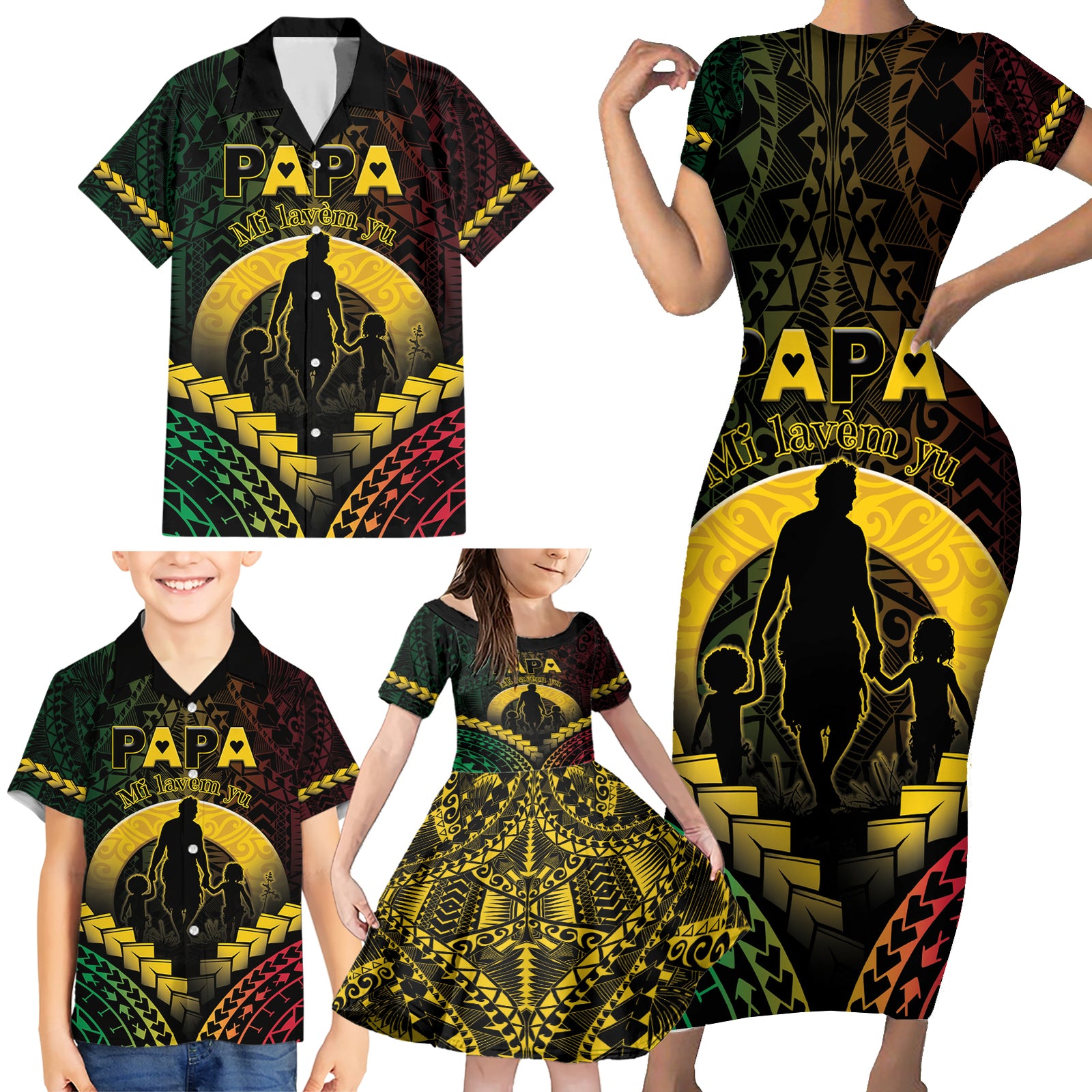 Personalised Vanuatu Happy Father's Day Family Matching Short Sleeve Bodycon Dress and Hawaiian Shirt Mi Lavem Yu Papa Polynesian Tribal LT05 - Polynesian Pride