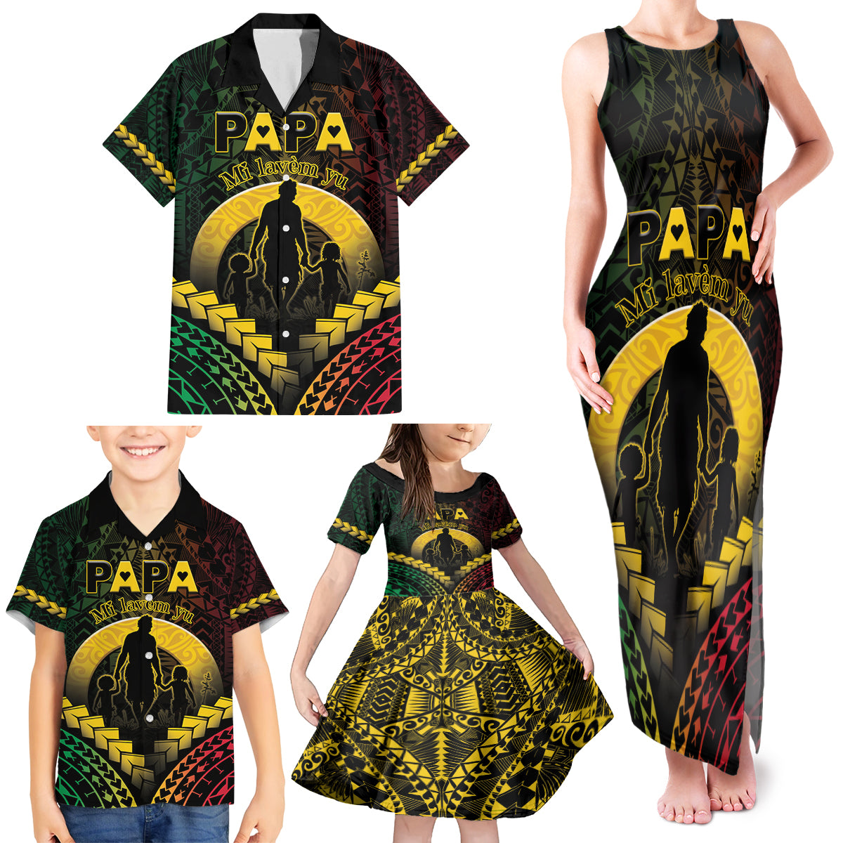 Personalised Vanuatu Happy Father's Day Family Matching Tank Maxi Dress and Hawaiian Shirt Mi Lavem Yu Papa Polynesian Tribal